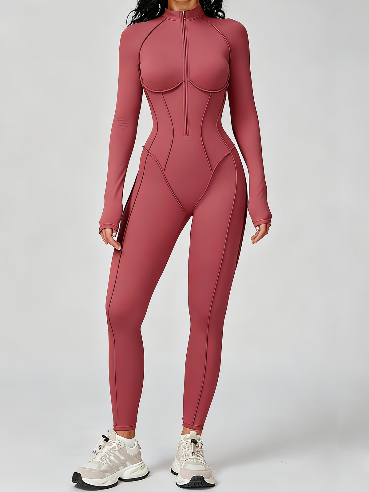 Half Zip Long Sleeve Jumpsuit - Red Bean