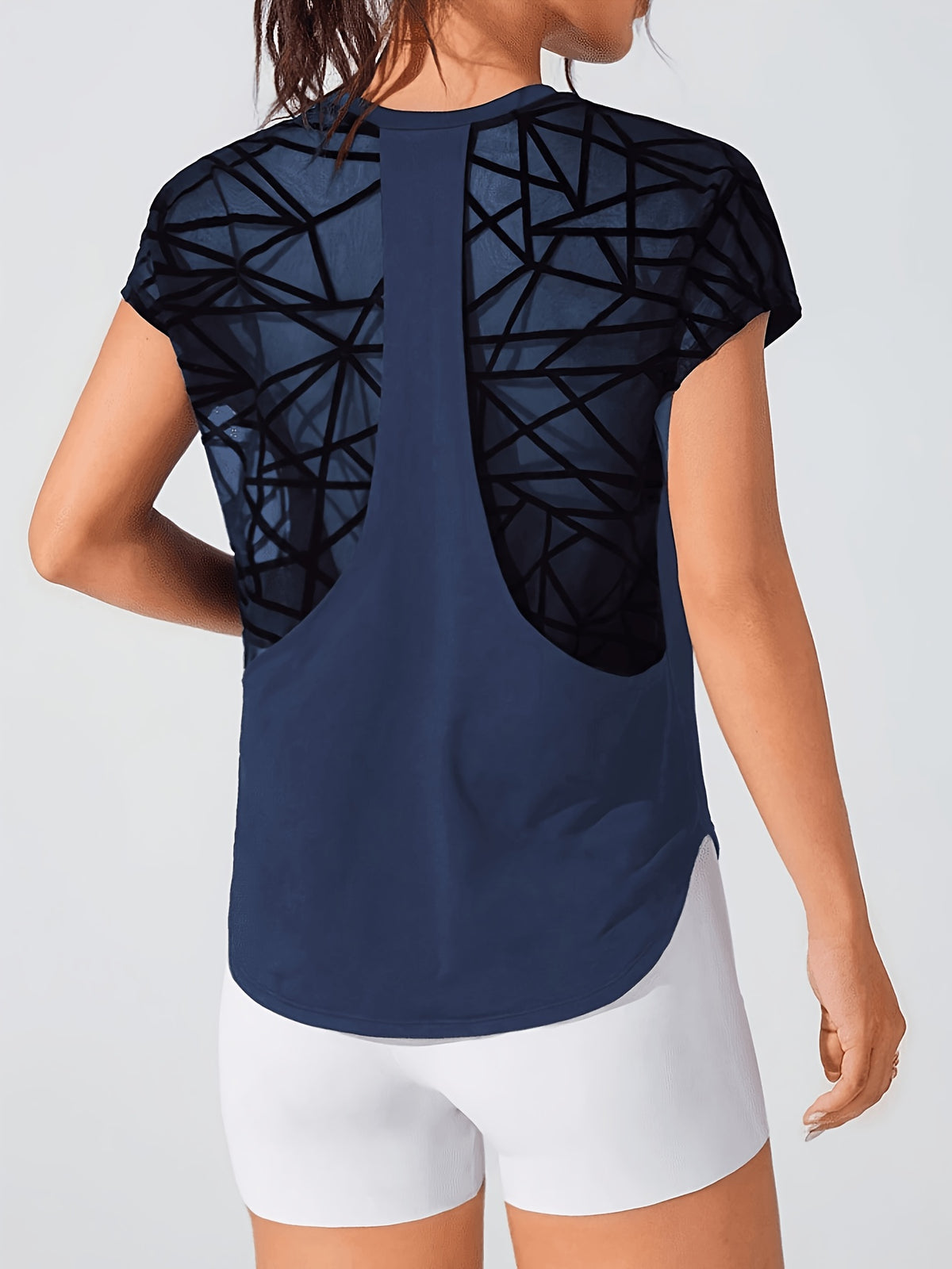 Geometric Mesh Back Sports Tee - Navy