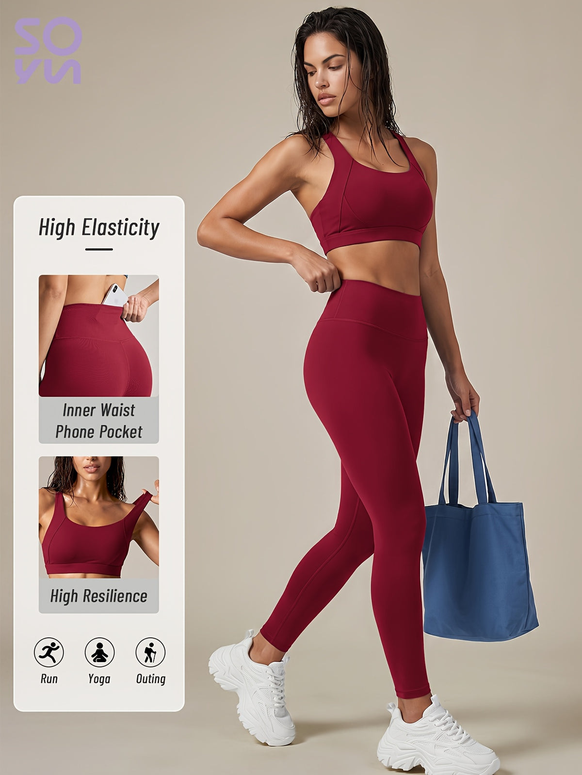 Criss Cross Bra & Pocket Leggings Set - Crimson