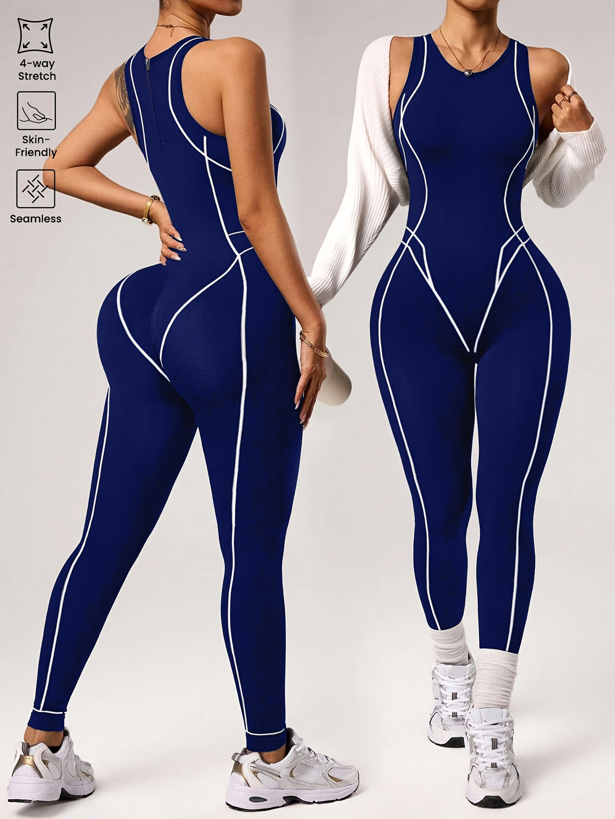 Back Zip Contour Line Jumpsuit - Navy