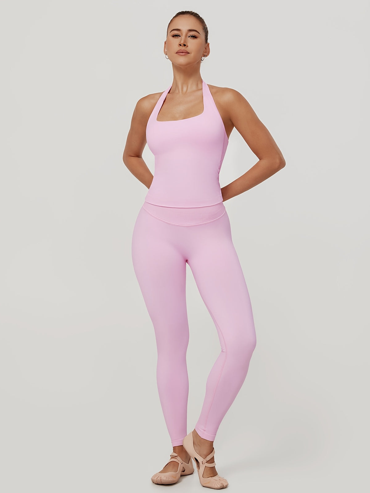Square Neck Halter Tank & Leggings Set - Pink