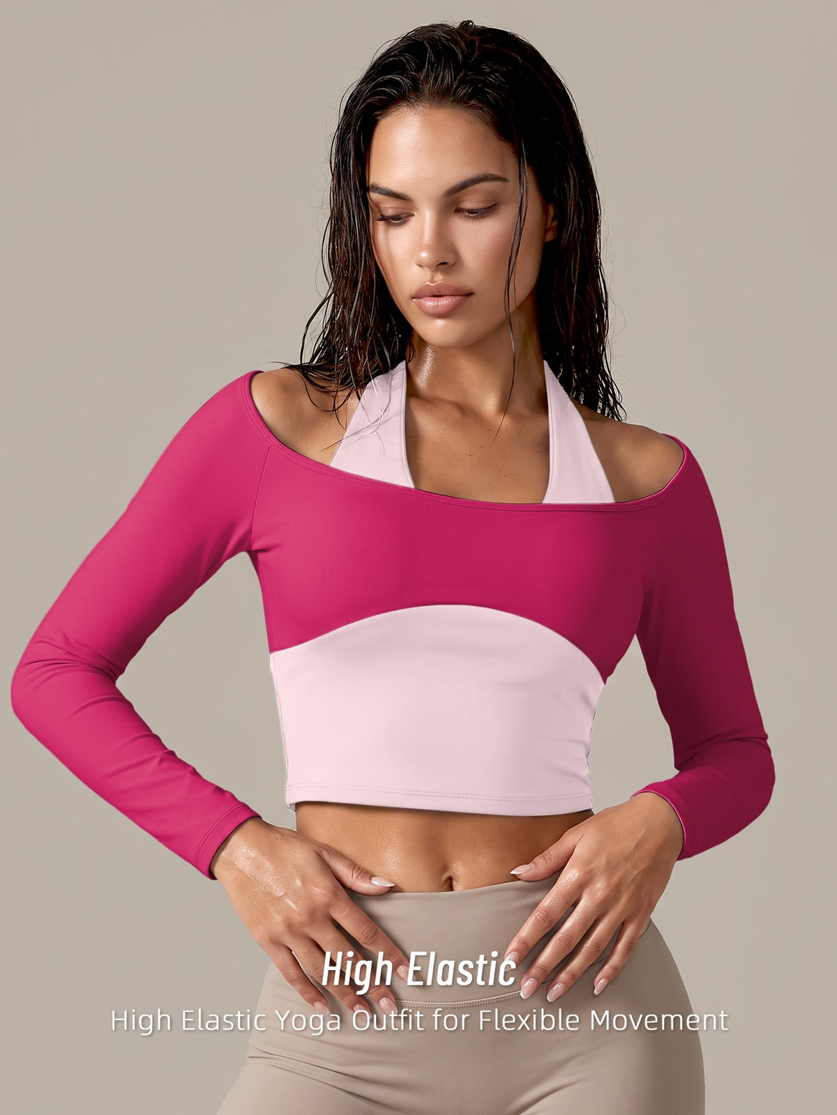 Faux Two-Piece Halter Color Block Top - Rose
