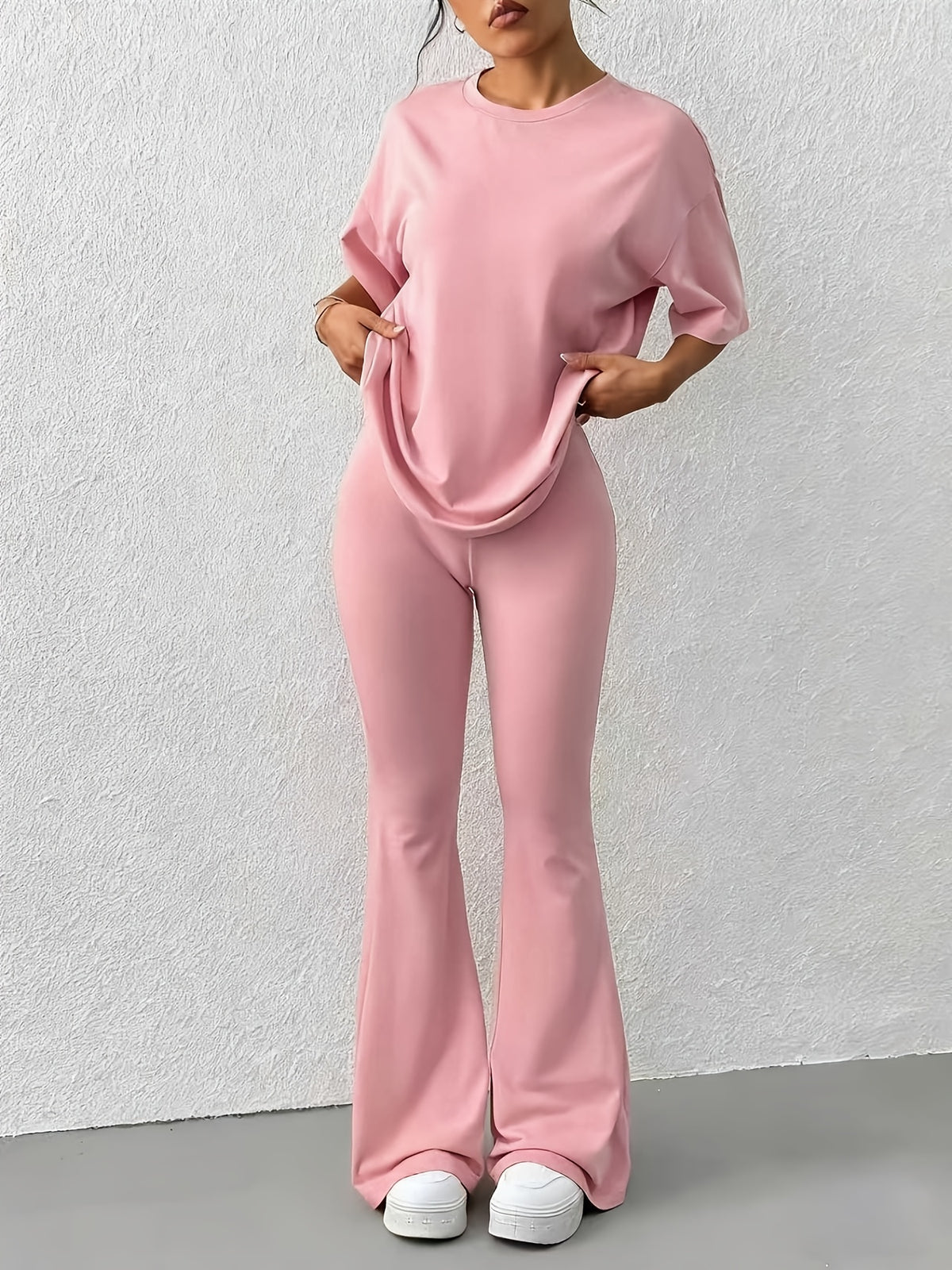 Drop Shoulder Loose Tee 2 Piece Set - Pink