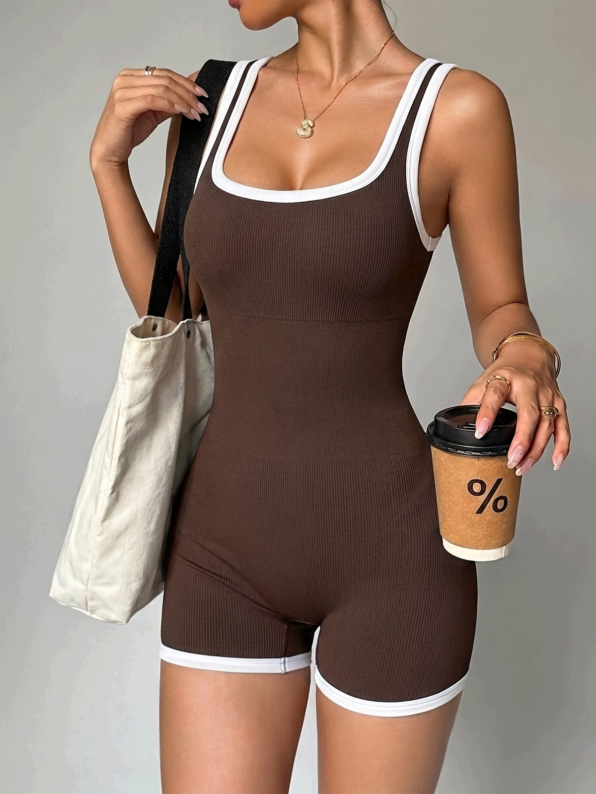 Backless Seamless Yoga Jumpsuit - Coffee