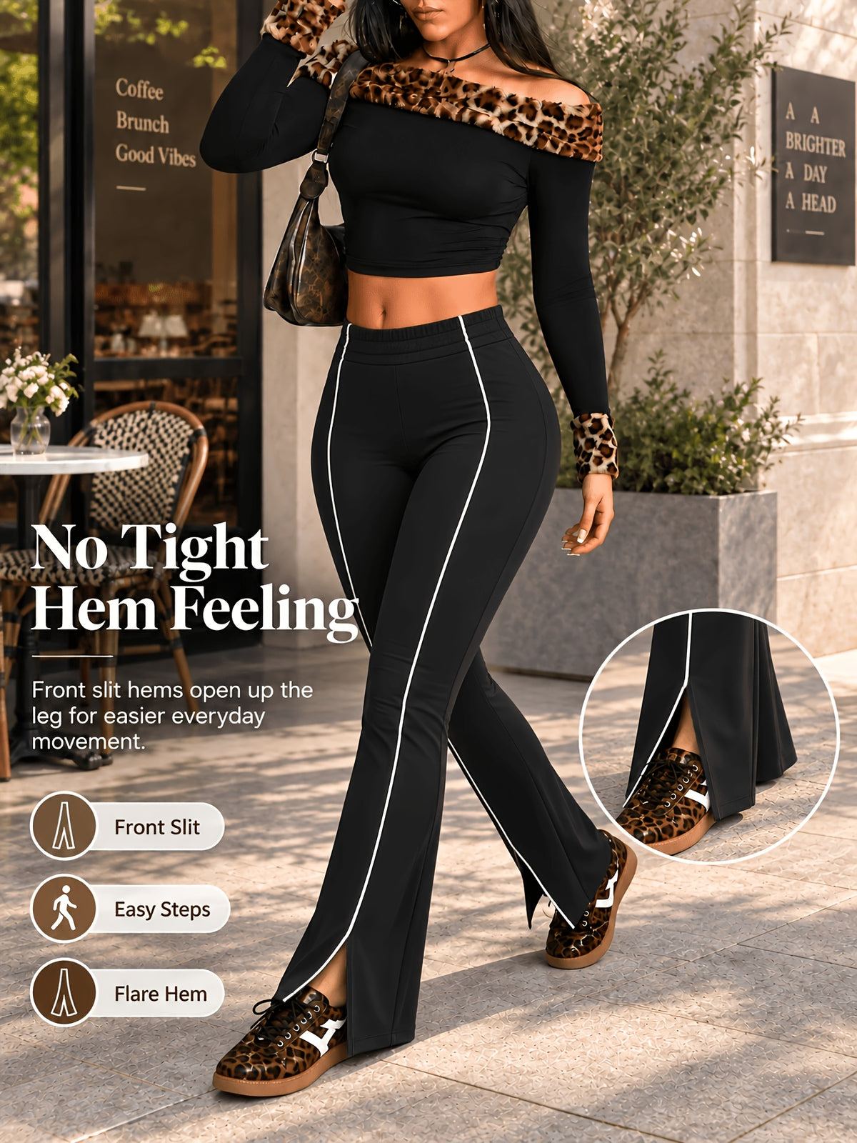 Front Split Hem Ruched Flare Pants - Black