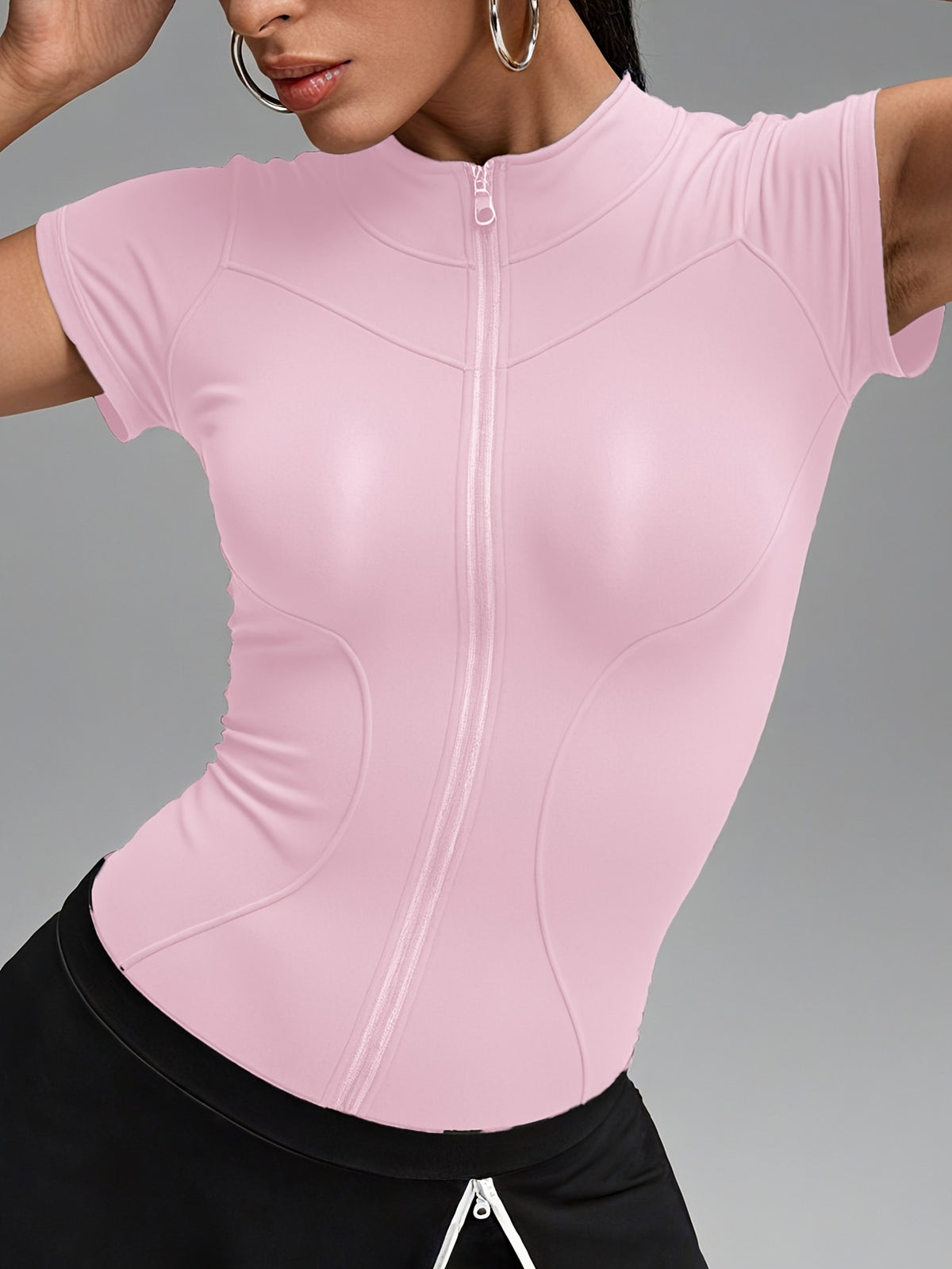 Short Sleeve Cropped Zip Jacket - Pink