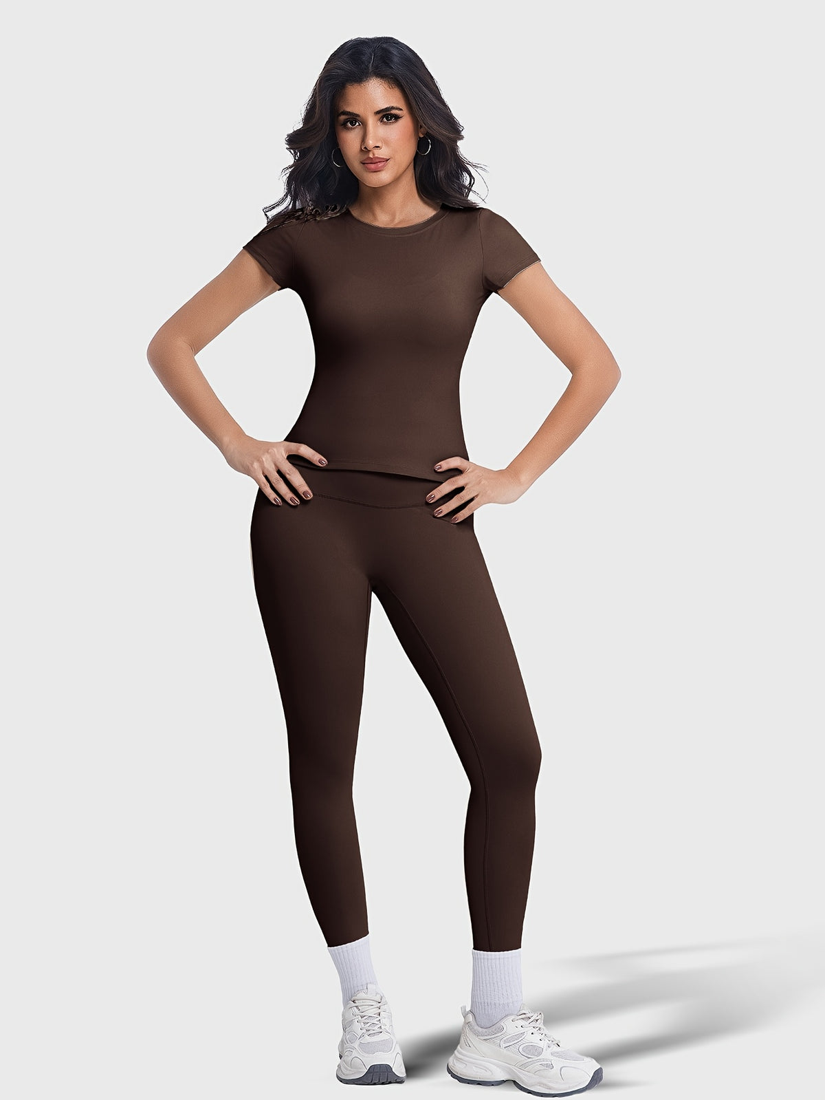 Crew Neck Tee & Leggings Set - Brown