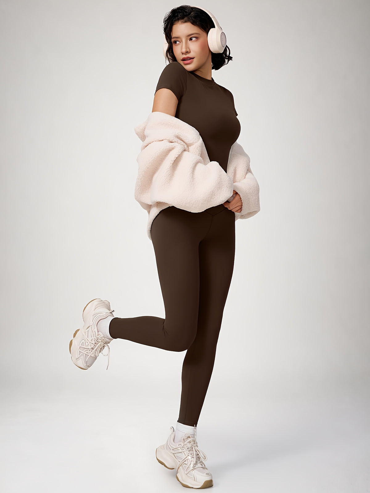 Crew Neck Crop Tee & Leggings Set - Espresso