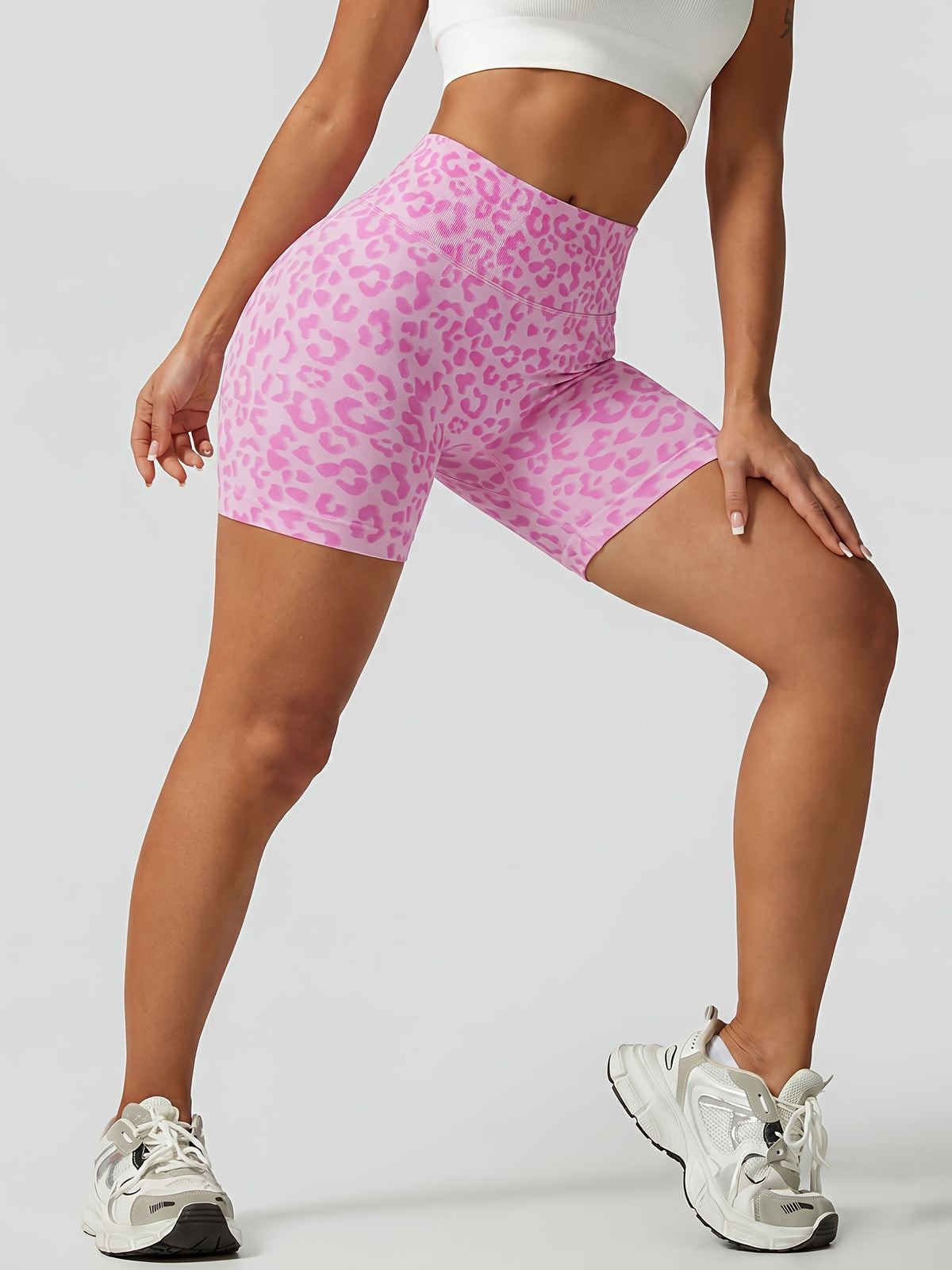Leopard Seamless Ribbed Biker Shorts - Pink