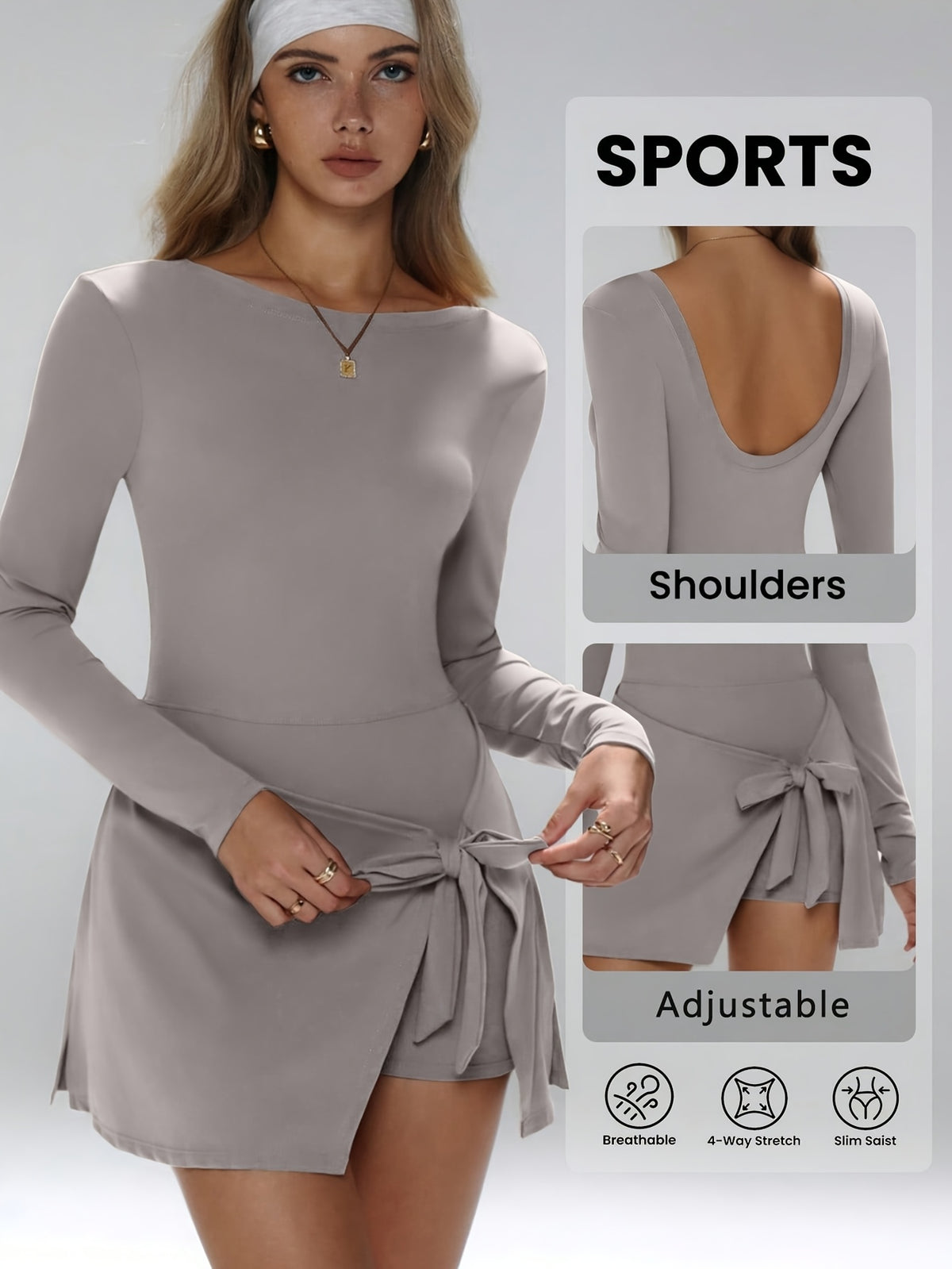 Tie-Front Asymmetric Hem Long Sleeve Dress - Light Grey