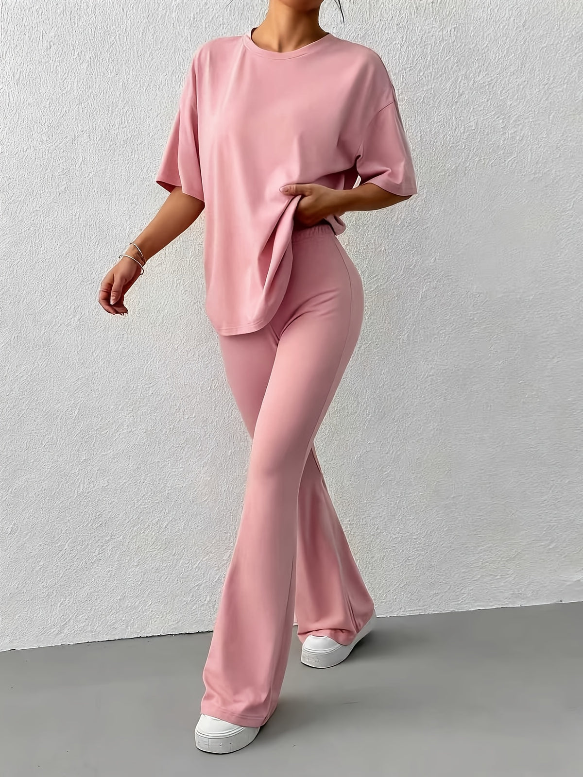 Drop Shoulder Loose Tee 2 Piece Set - Pink
