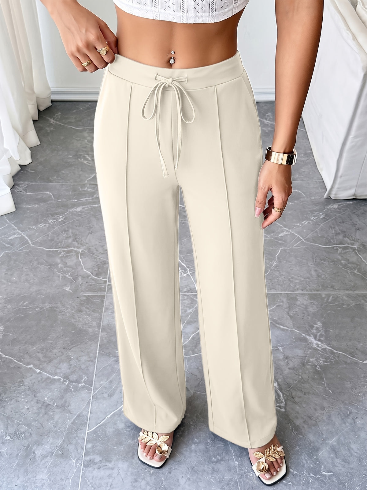 Drawstring Flowy Wide Leg Pants - Milky