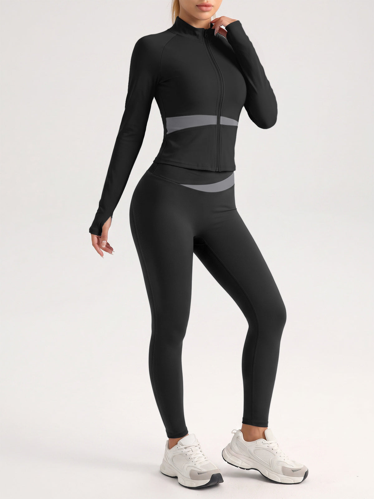Contrast Zip Jacket & Lifting Leggings Set - Black