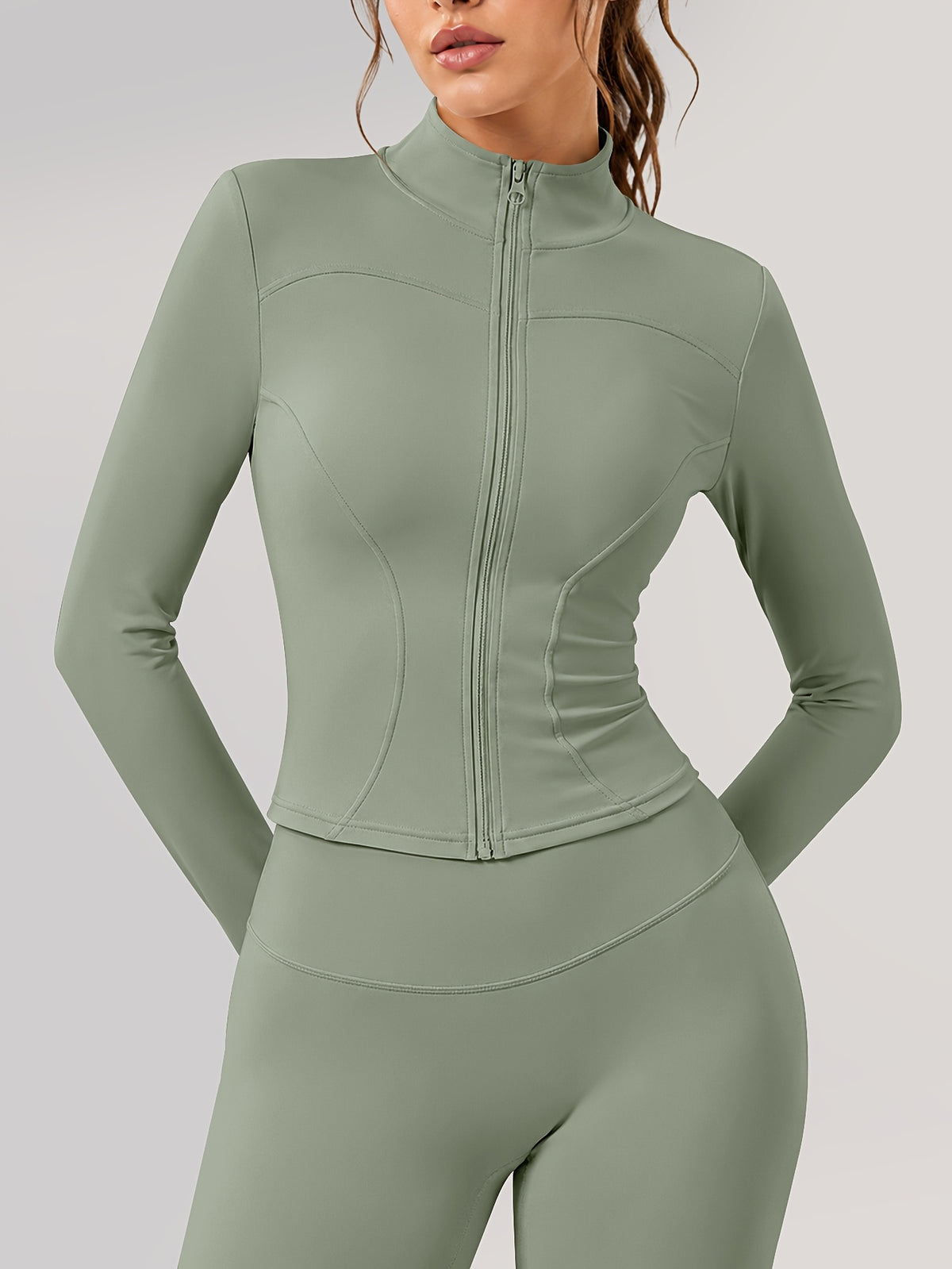 Zip Jacket & Wide Leg Pants Set - Sage Green
