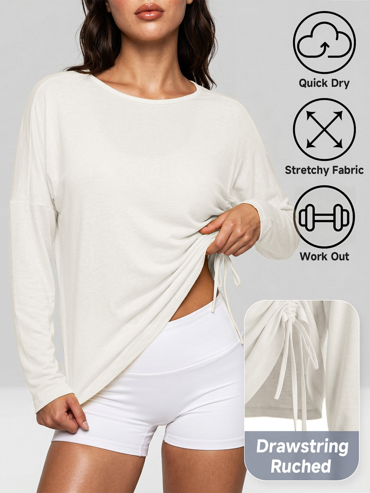 Ruched Drawstring Long Sleeve Top - White