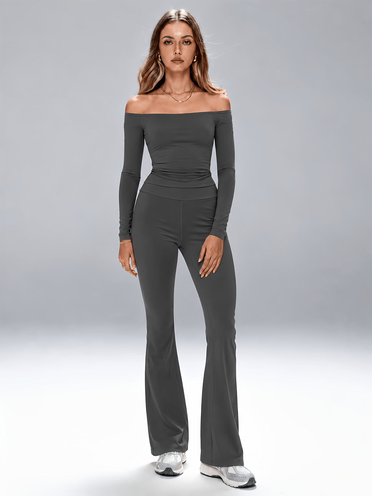 Off-Shoulder Top & Flared Joggers Set - Dark Gray
