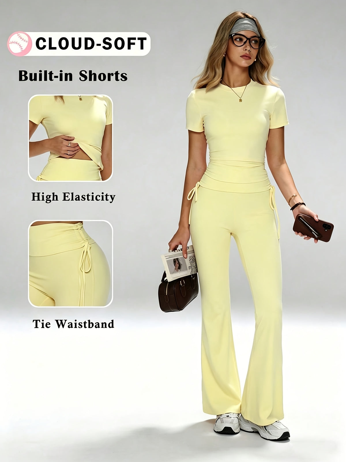 Round Neck Top & Drawstring Flare Pants Set - Light Yellow