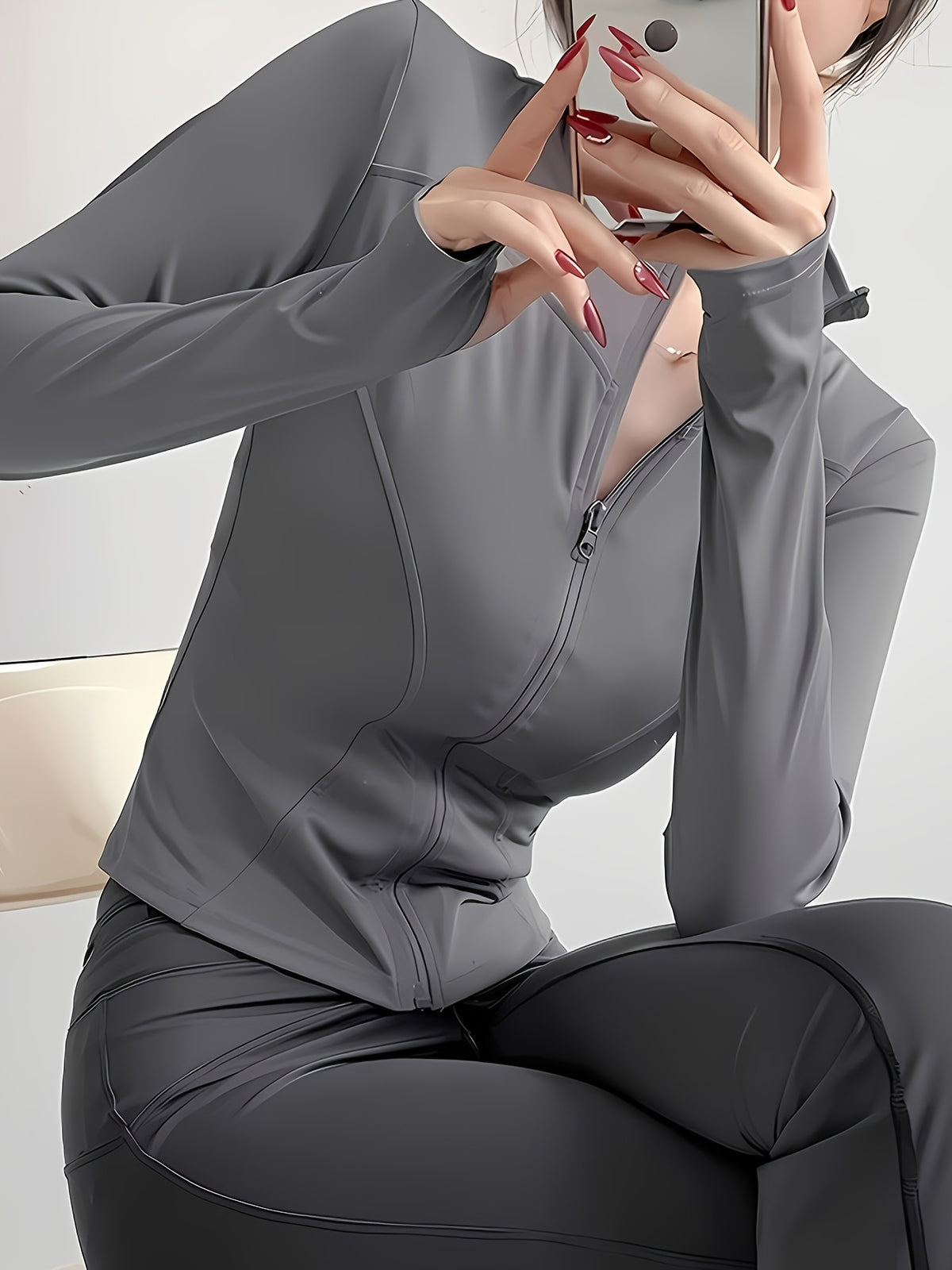 Slim Fit Cropped Zip Running Jacket - Grey