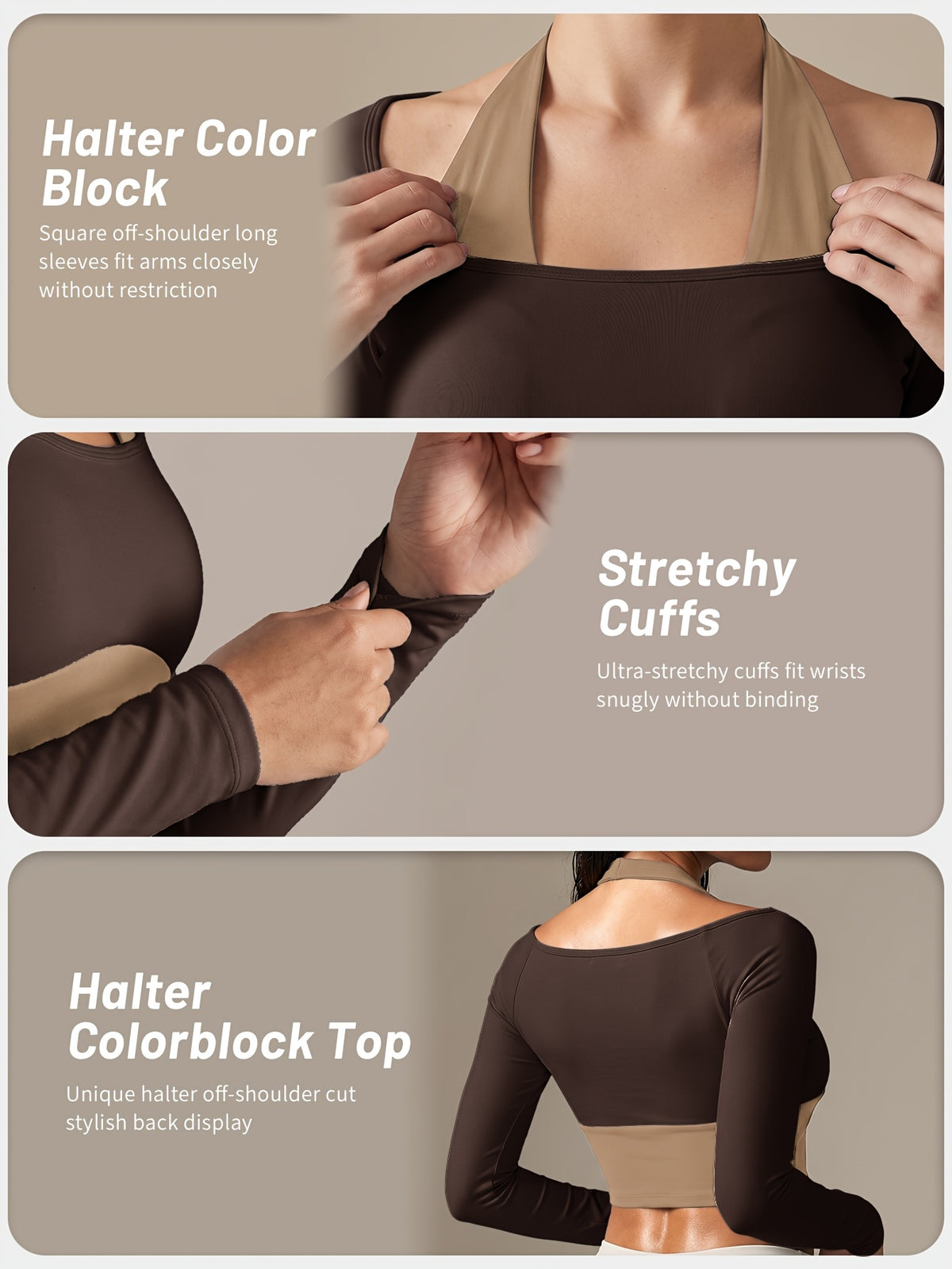 Faux Two-Piece Halter Color Block Top - Coffee