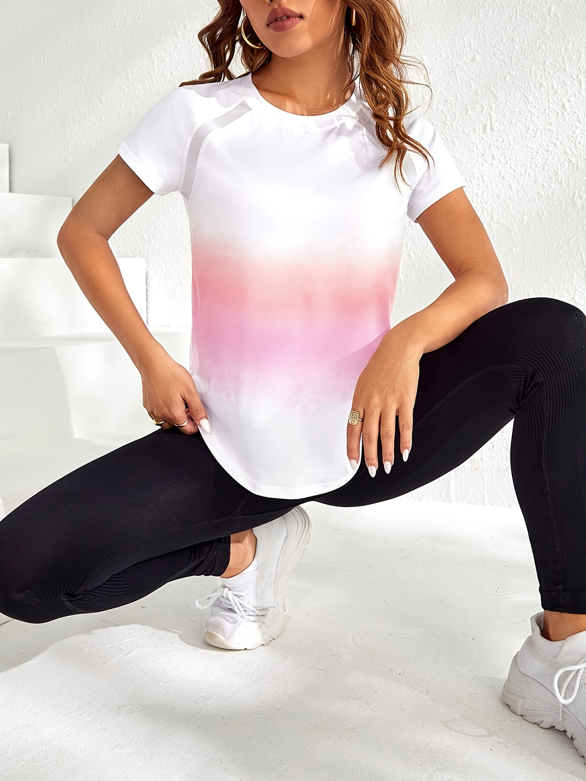 Tie-Dye Mesh Patchwork Sports Tee - Pink Ombre