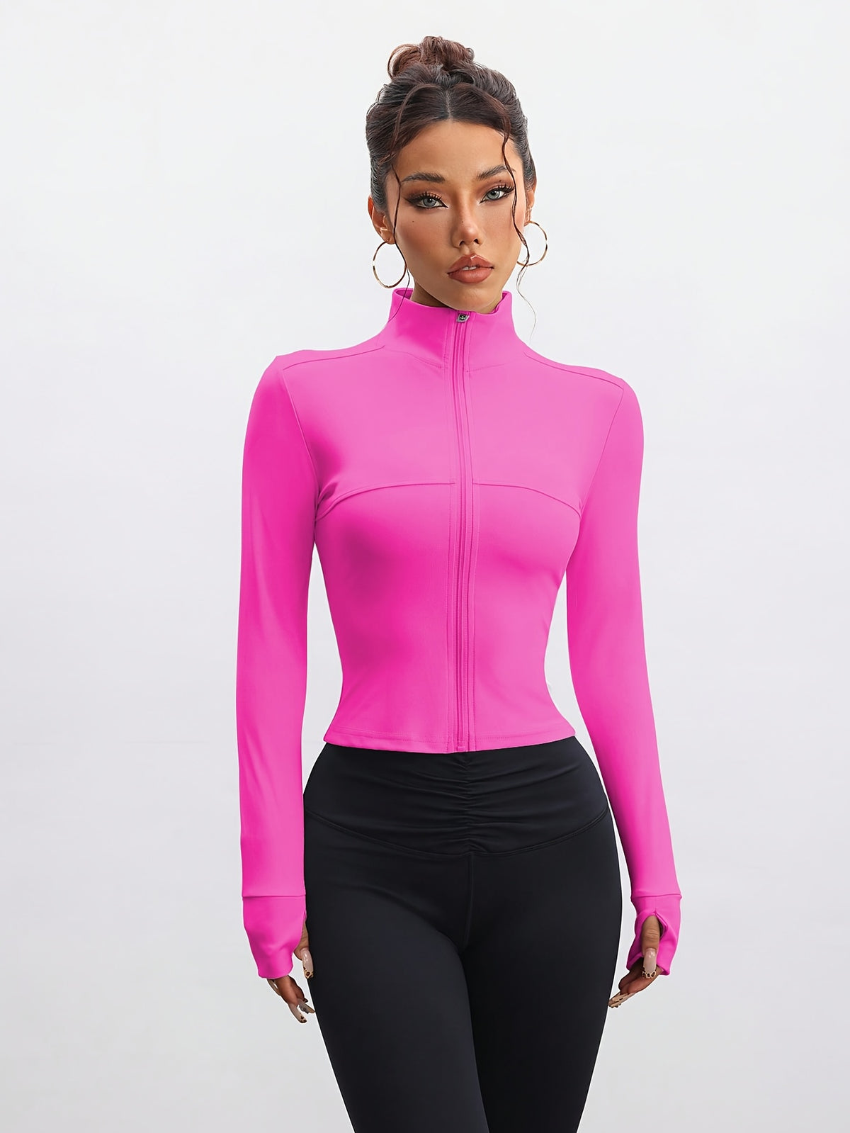 Stand Collar Zip Up Jacket - Bright Pink