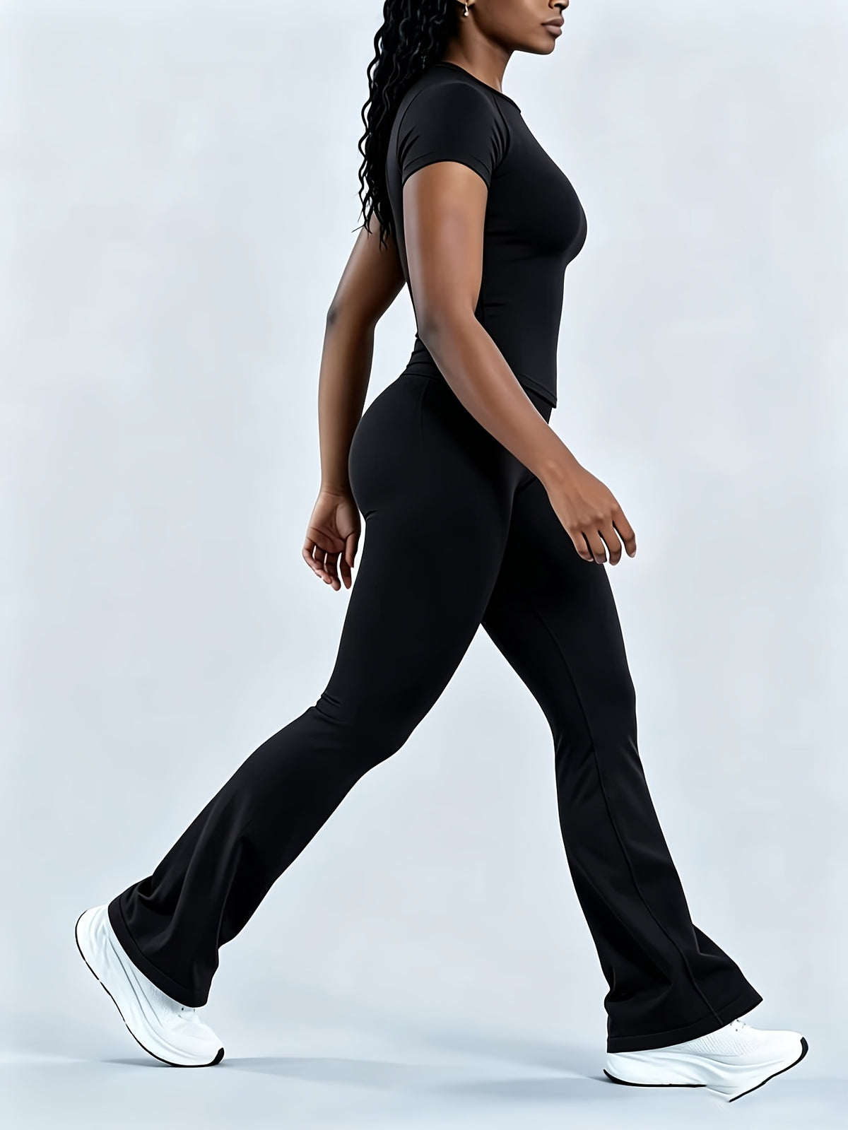 Short Sleeve Tee & Bell Bottom Pants Set - Black