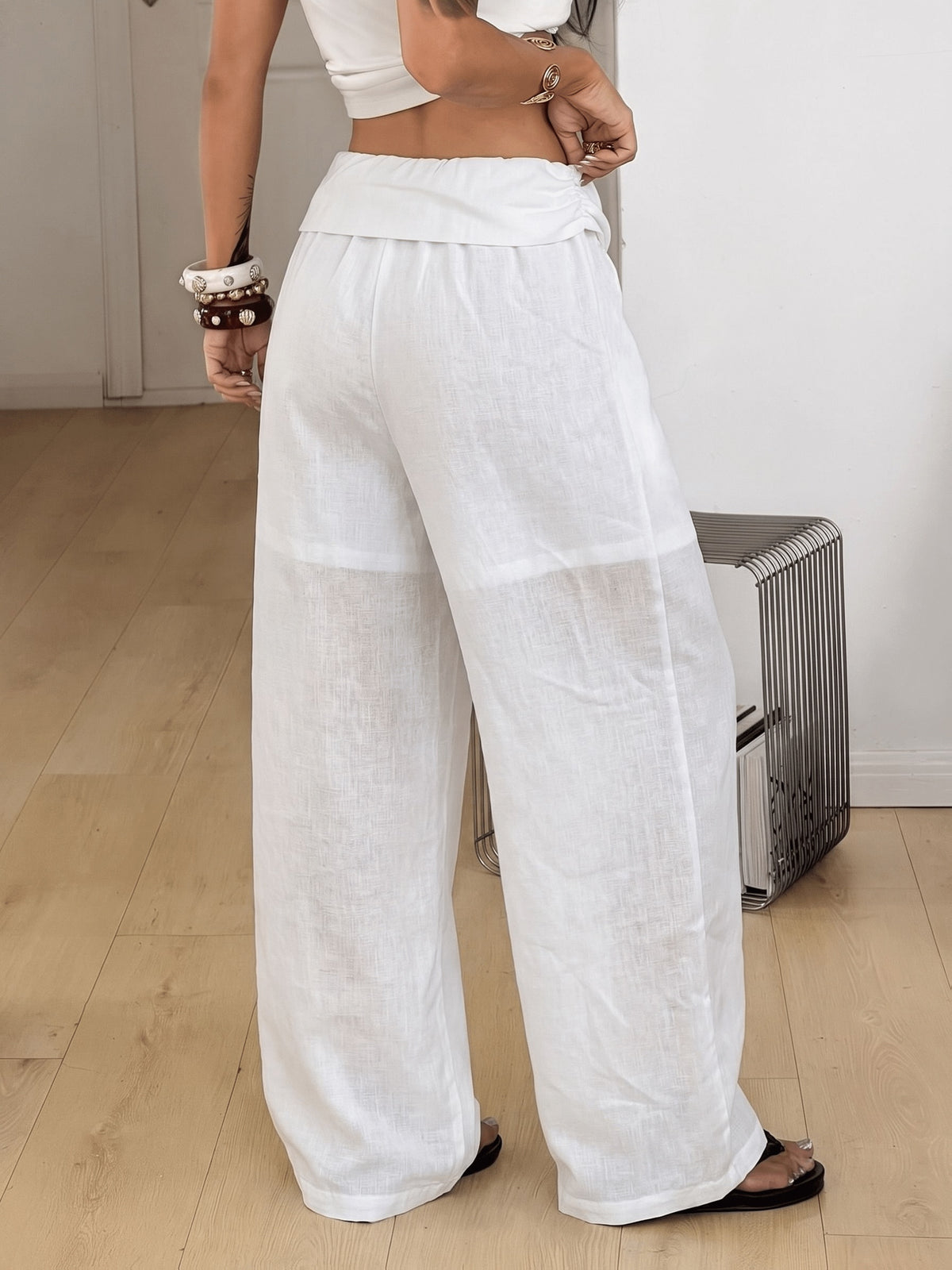 Fold Over Pleated Wide Leg Pants - White