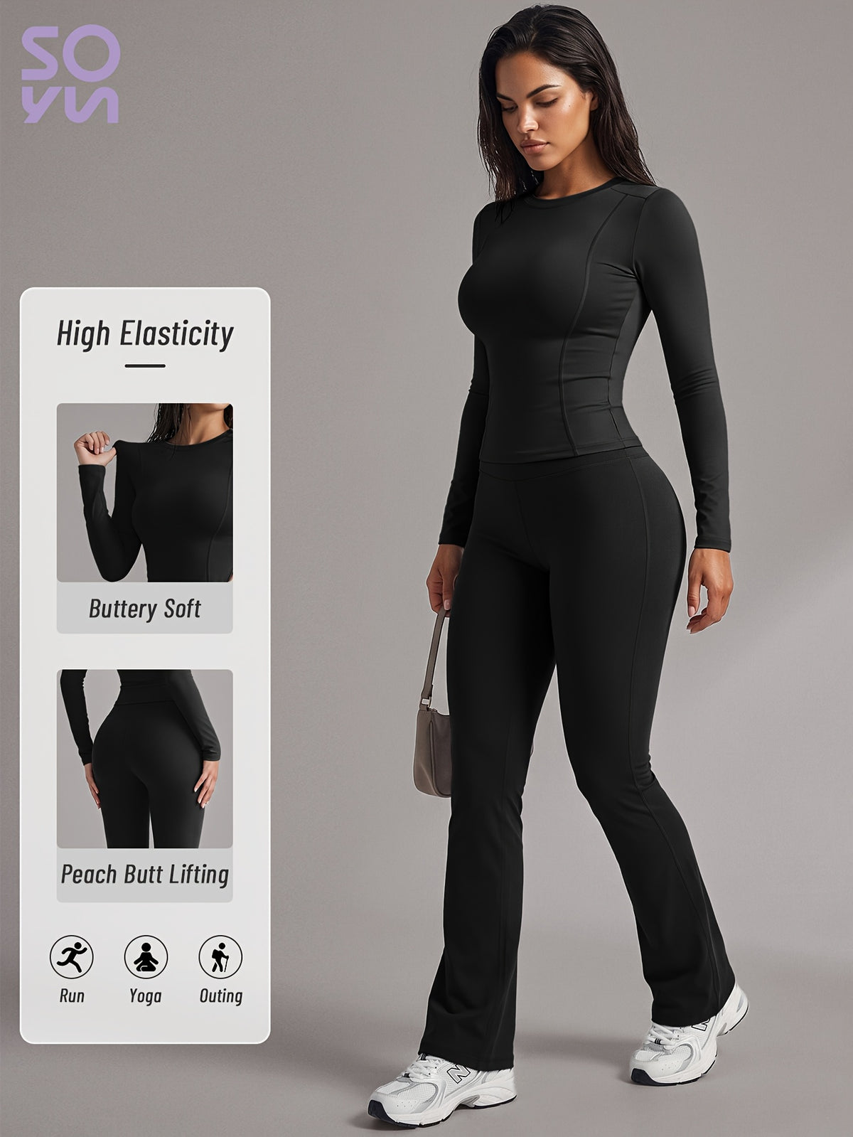 Long Sleeve Tee & Lift Yoga Pants Set - Black