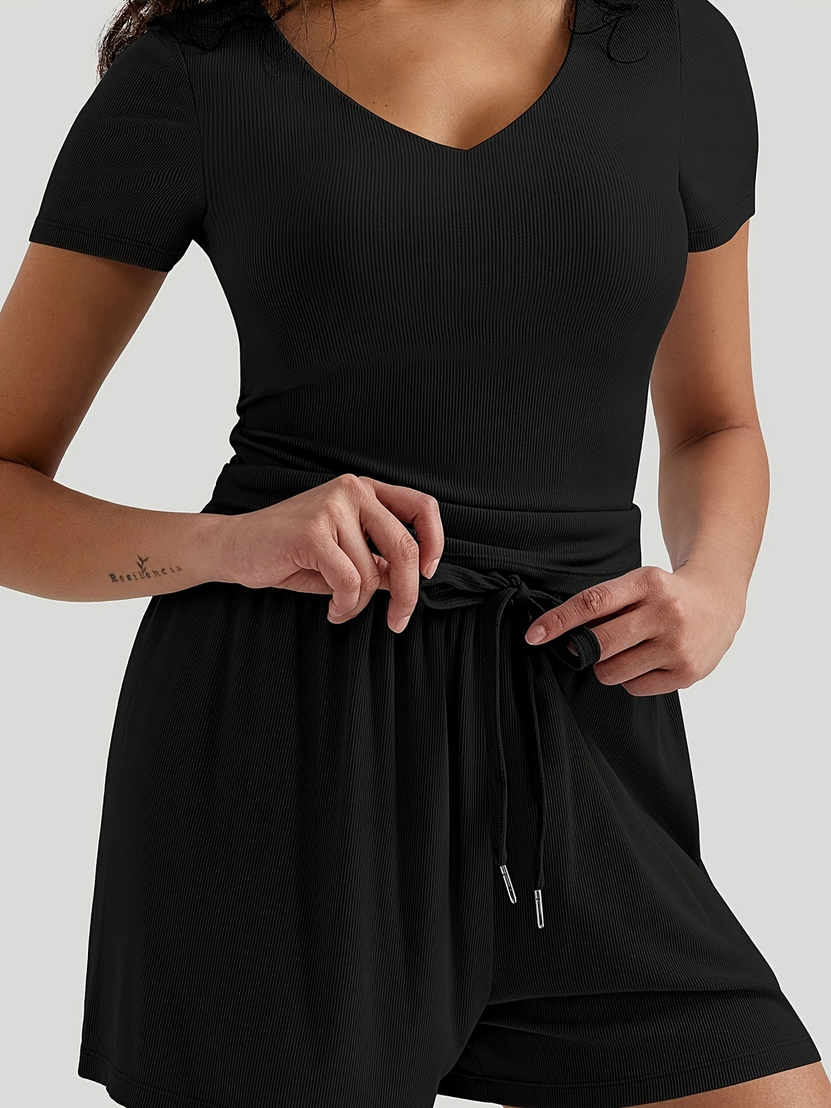 Loose Drawstring Top & Shorts Set - Black