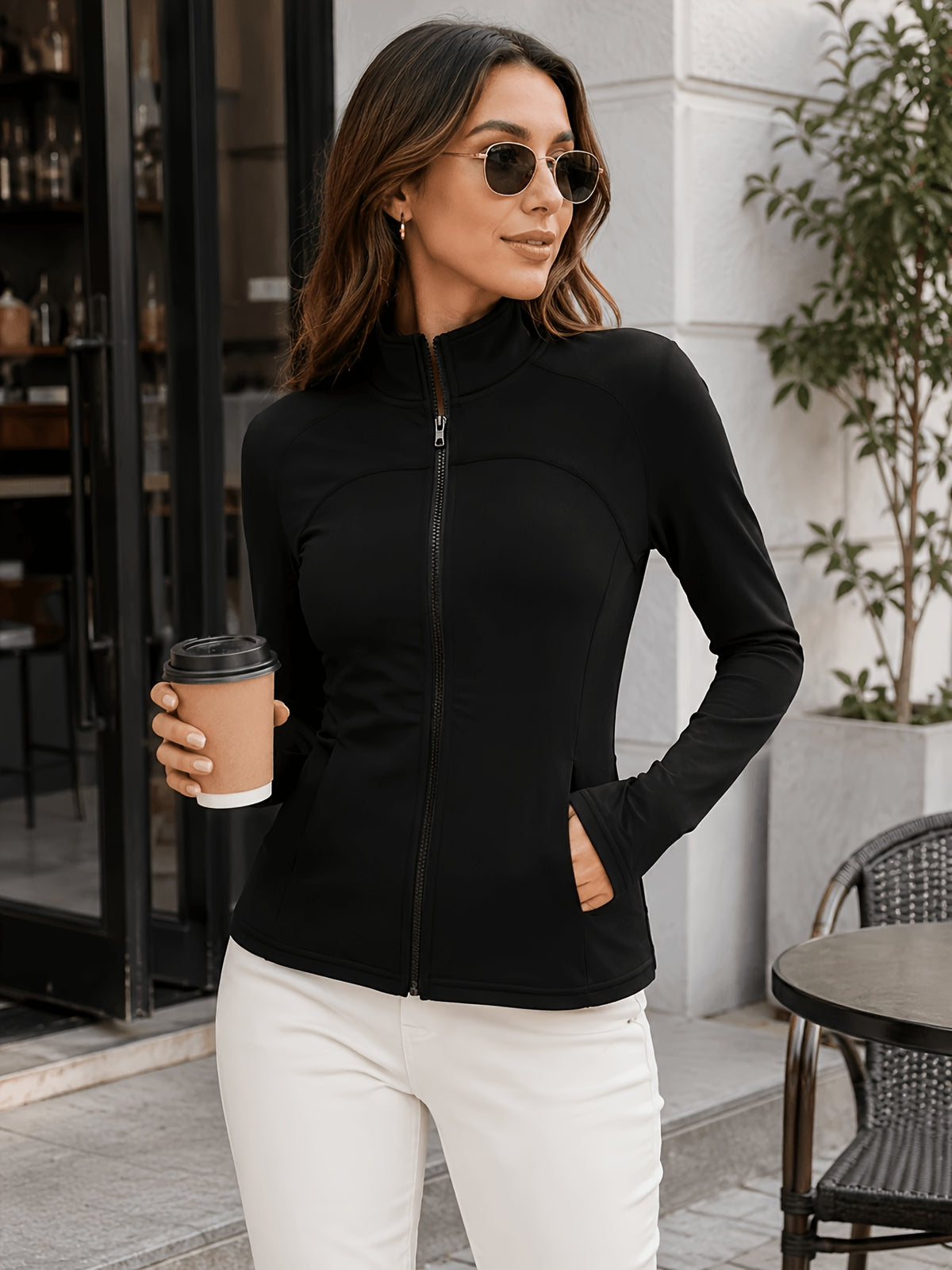 Stand Collar Double Sided Zip Jacket - Black