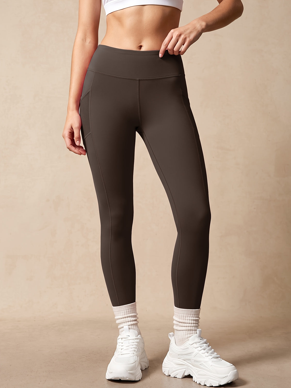 Mesh Side Pocket Lifting Leggings - Coffee