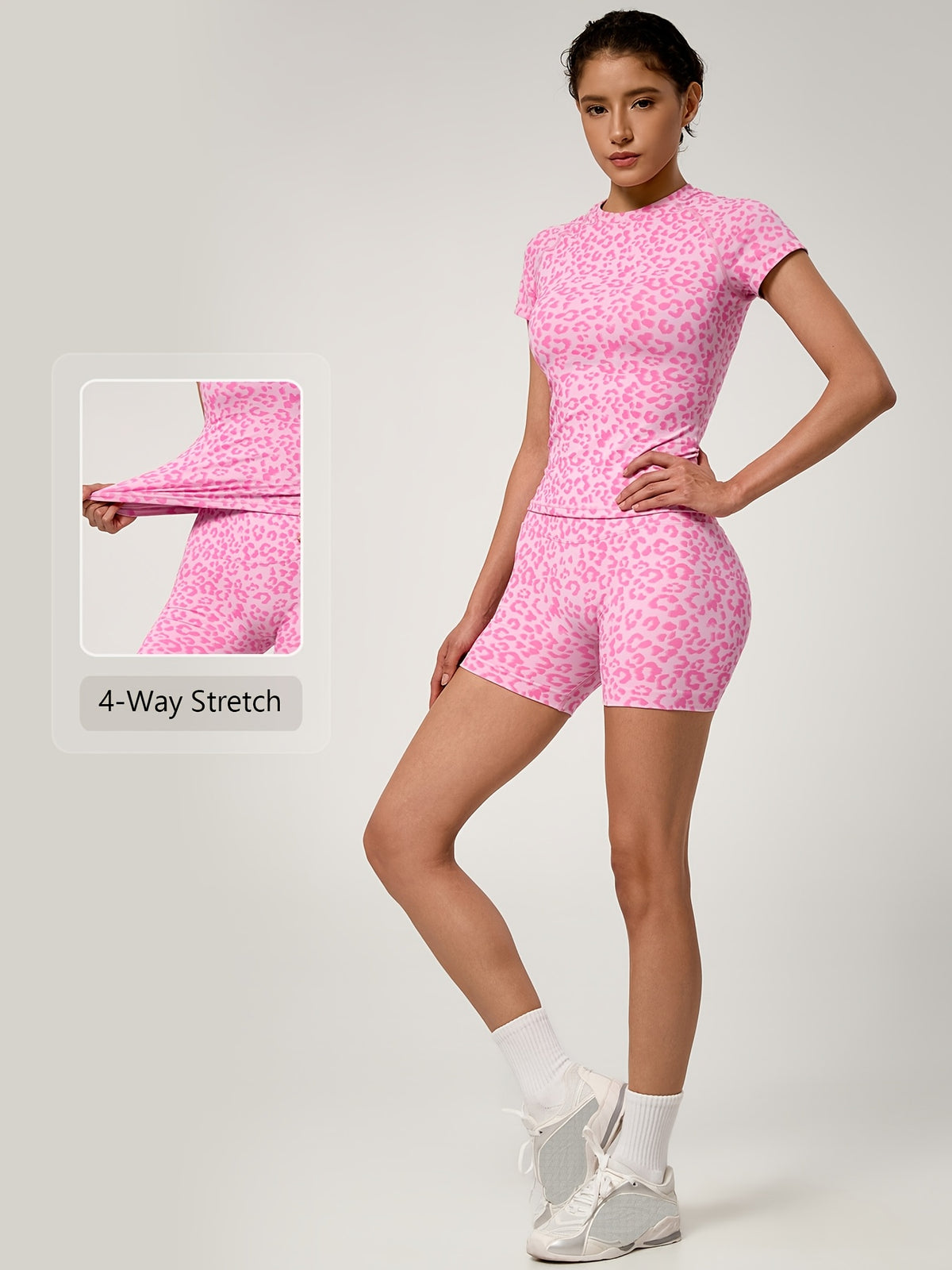Leopard Tee & Biker Shorts Set - Pink