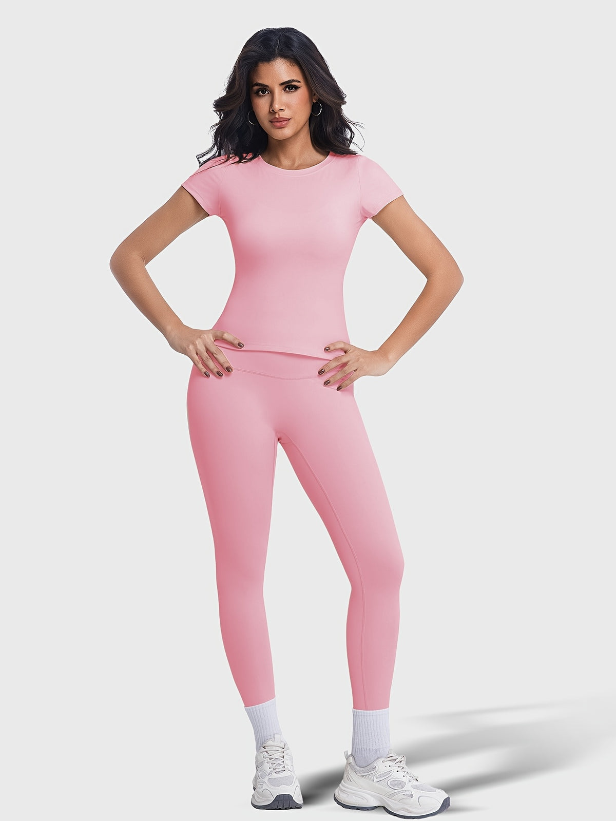 Crew Neck Tee & Leggings Set - Pink