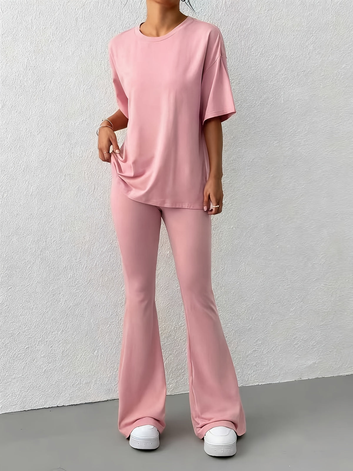 Drop Shoulder Loose Tee 2 Piece Set - Pink