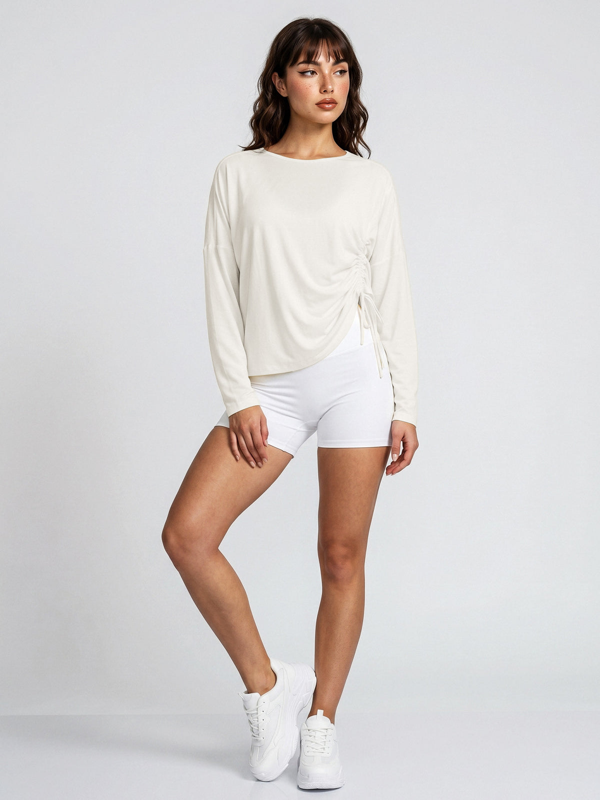 Ruched Drawstring Long Sleeve Top - White