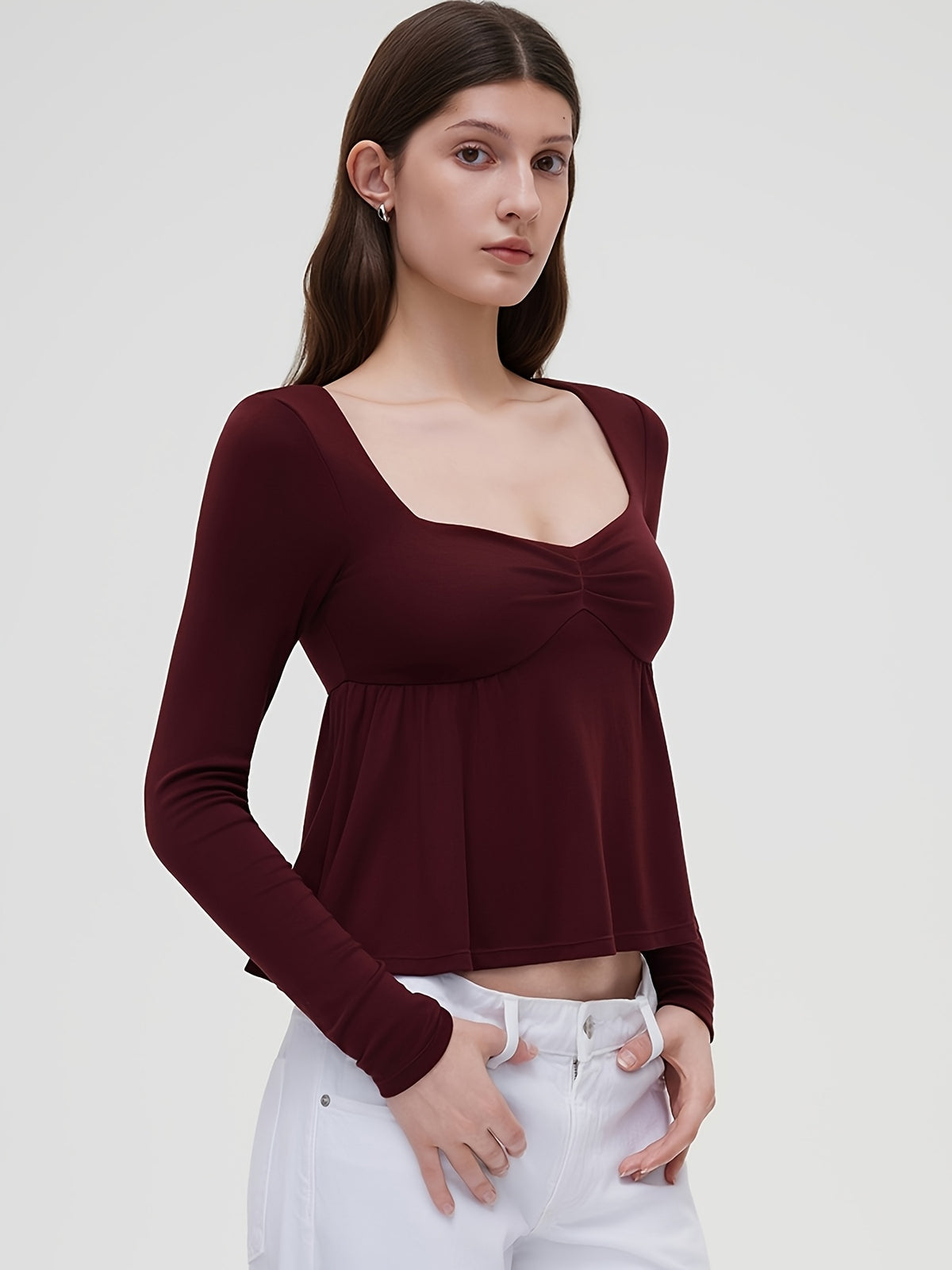 Ruffle Trim Doll Neck Long Sleeve Top - Burgundy