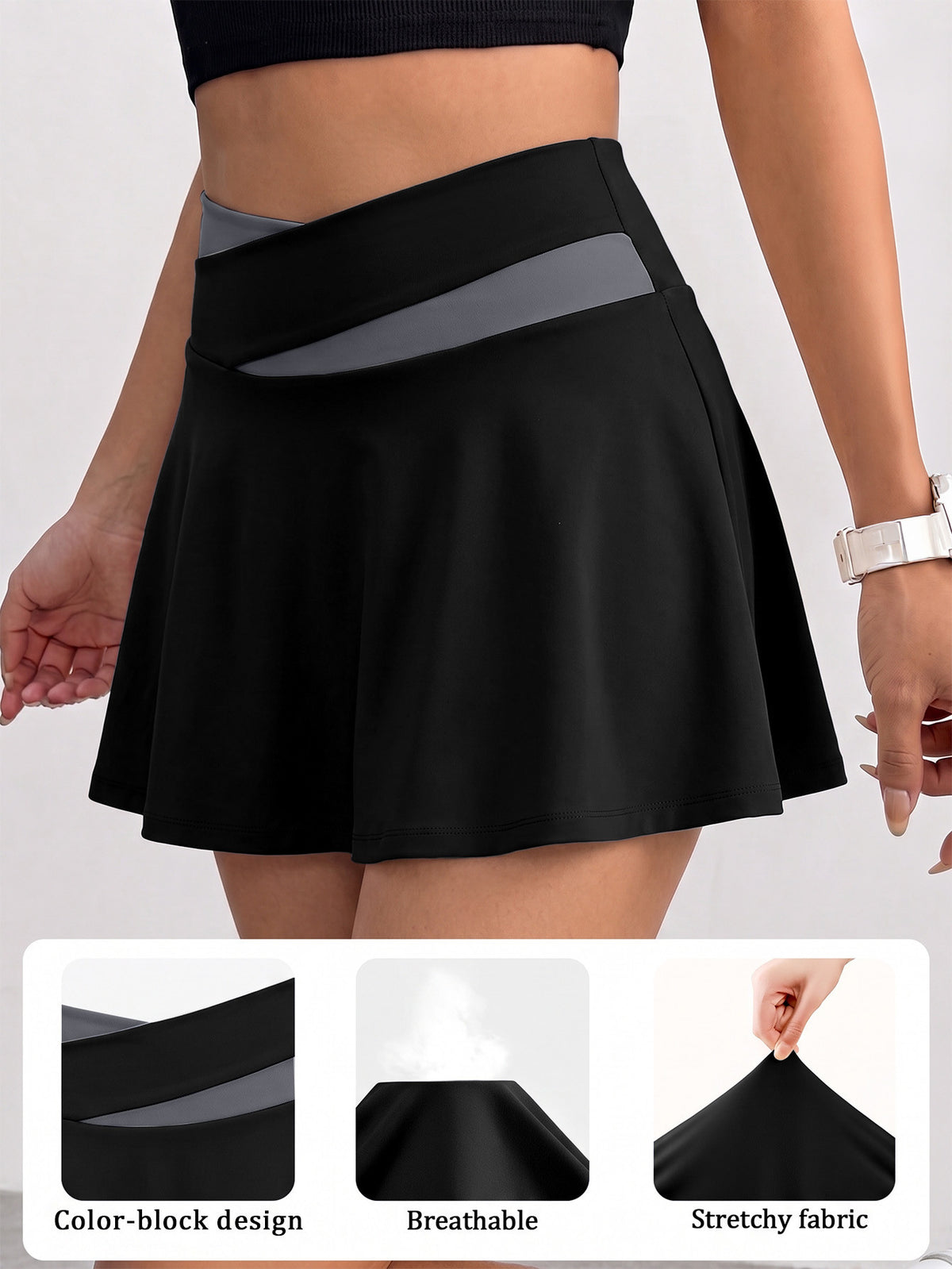 Cross Waist Color Block Tennis Skirt - Black