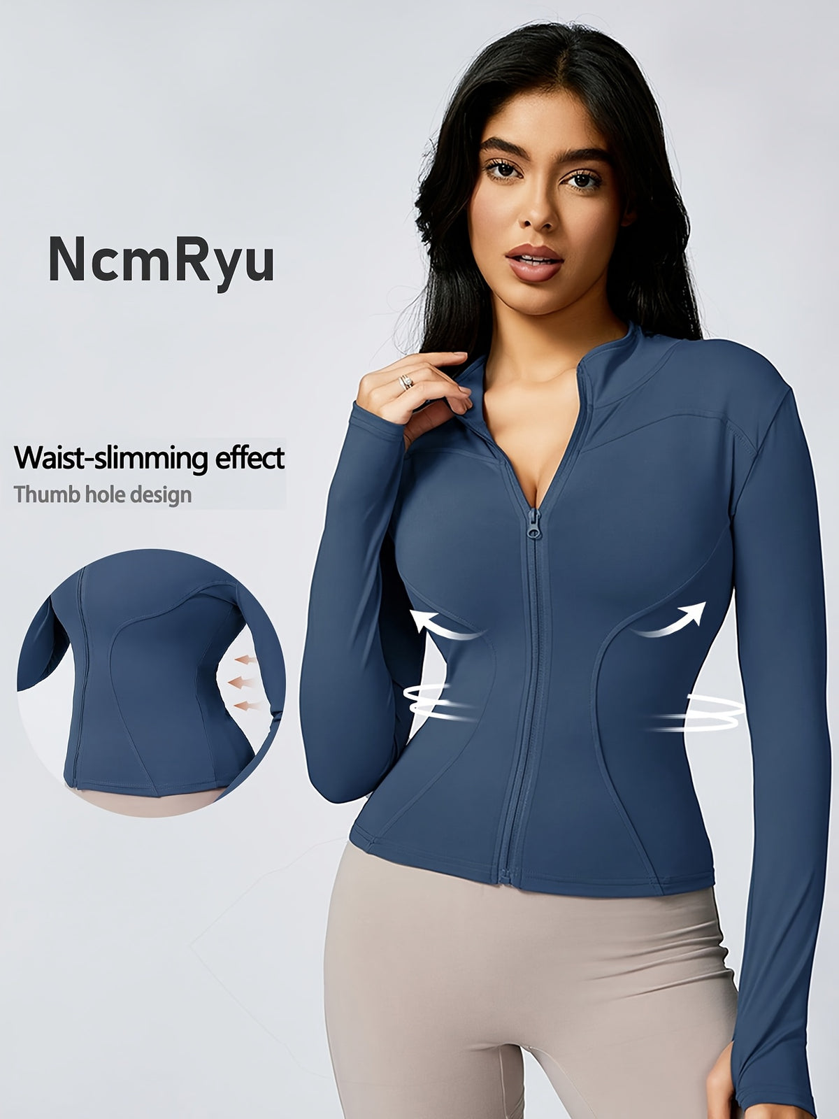 Stand Collar Thumbhole Zip Top - Blue