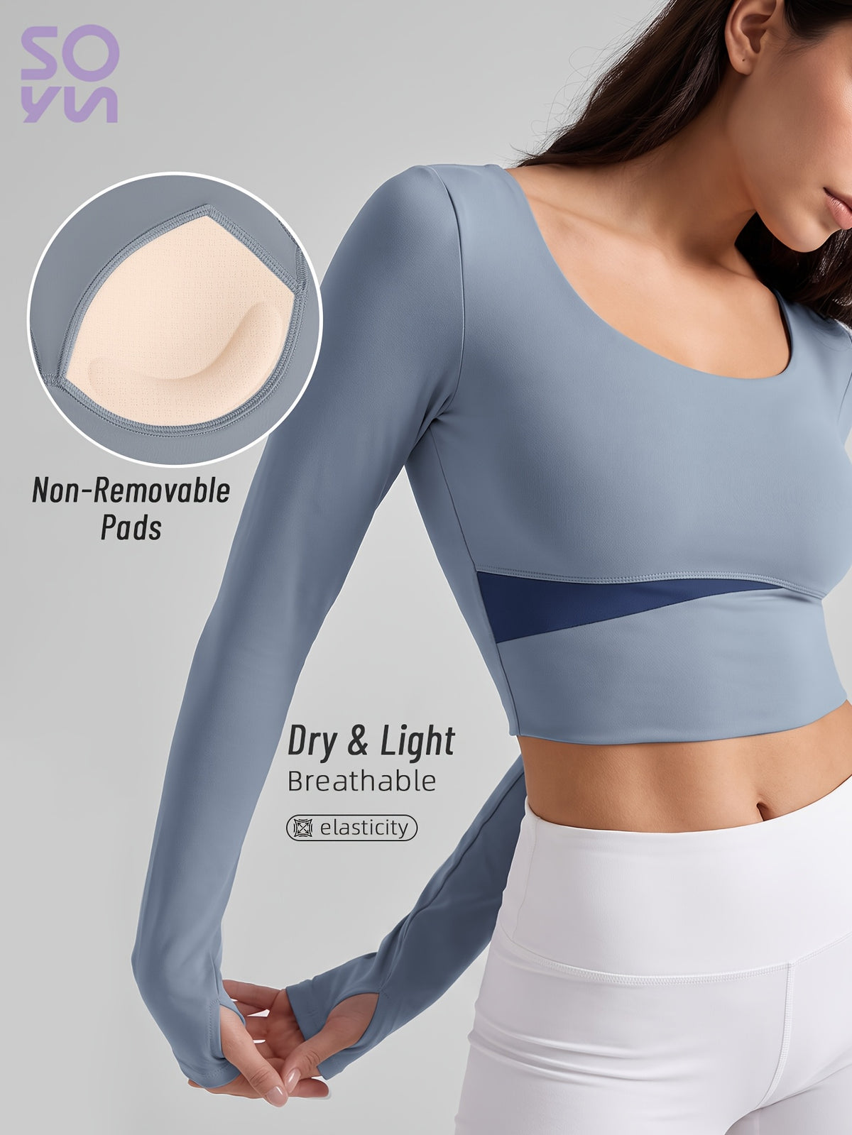 Color Block Padded Long Sleeve Top - Light Blue
