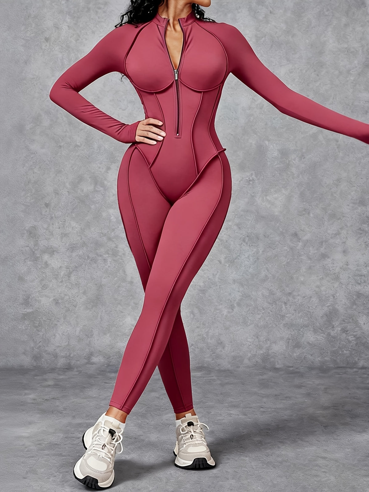 Half Zip Long Sleeve Jumpsuit - Red Bean