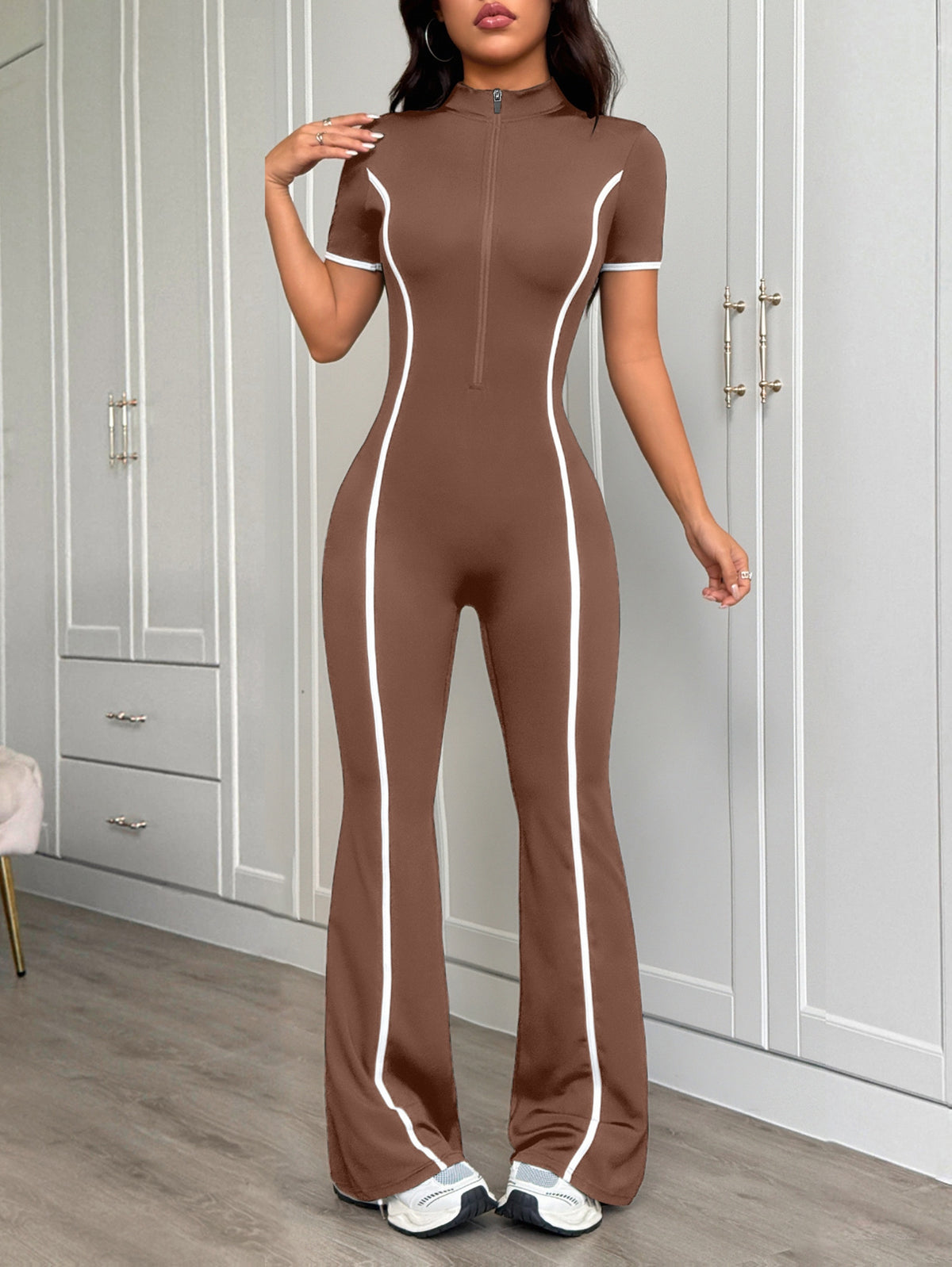 Zip Front Flare Jumpsuit - Coffee