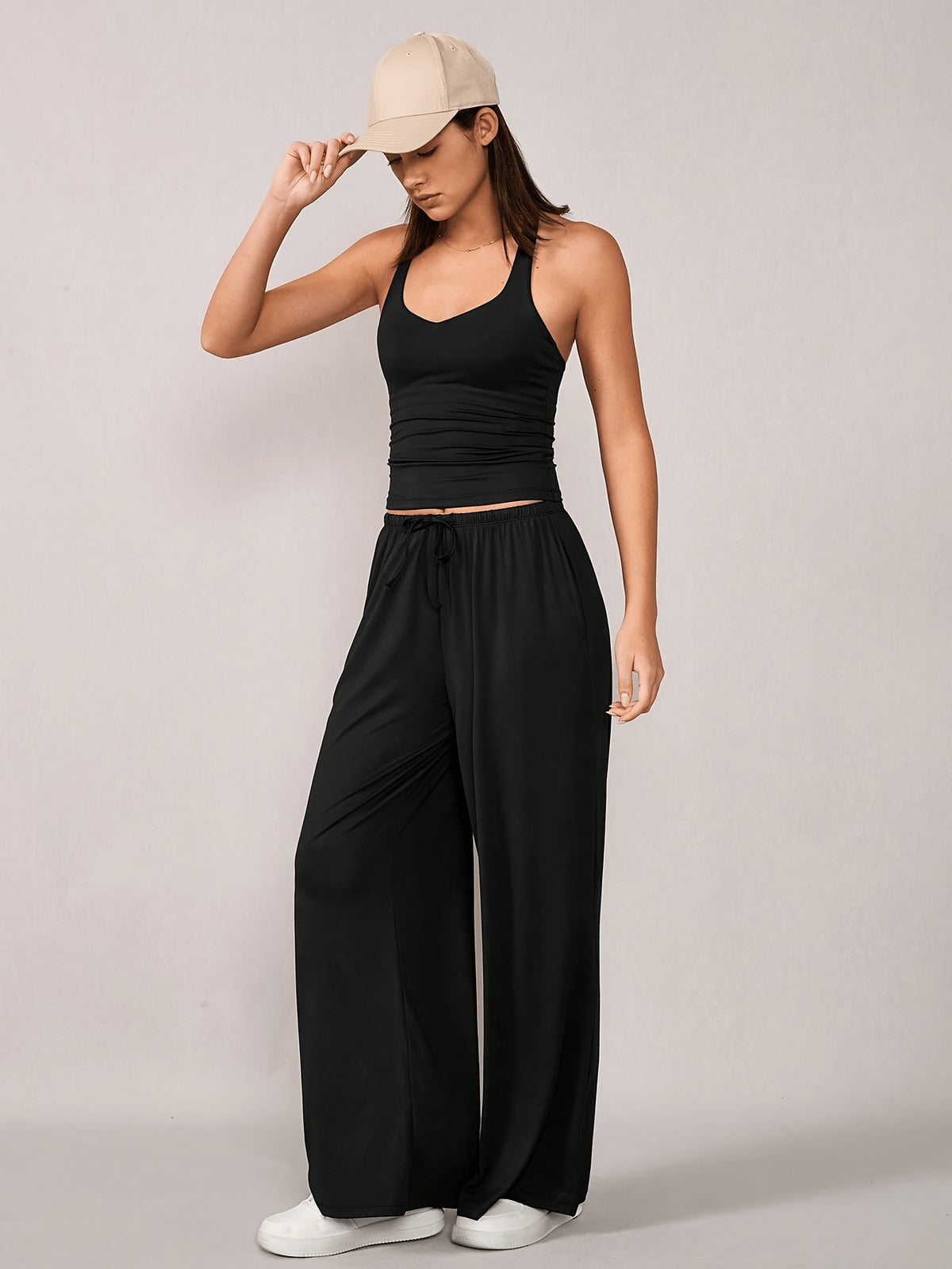 Racerback Tank & Wide Leg Pants Set - Black