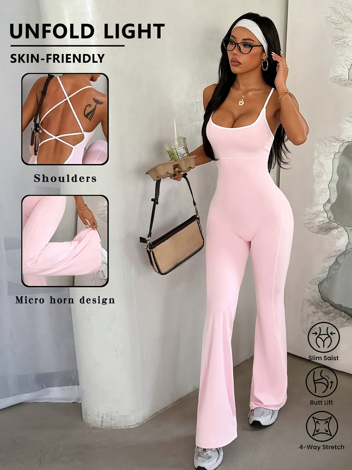 Cross Back Flare Jumpsuit - Pink Red