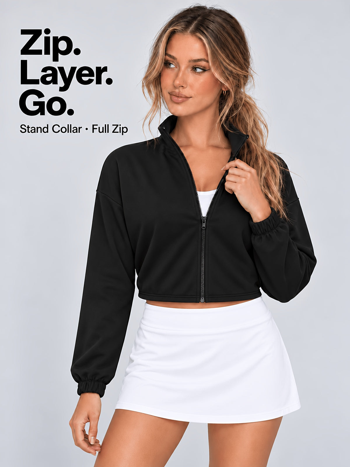 Stand Collar Full Zip Cropped Jacket - Black