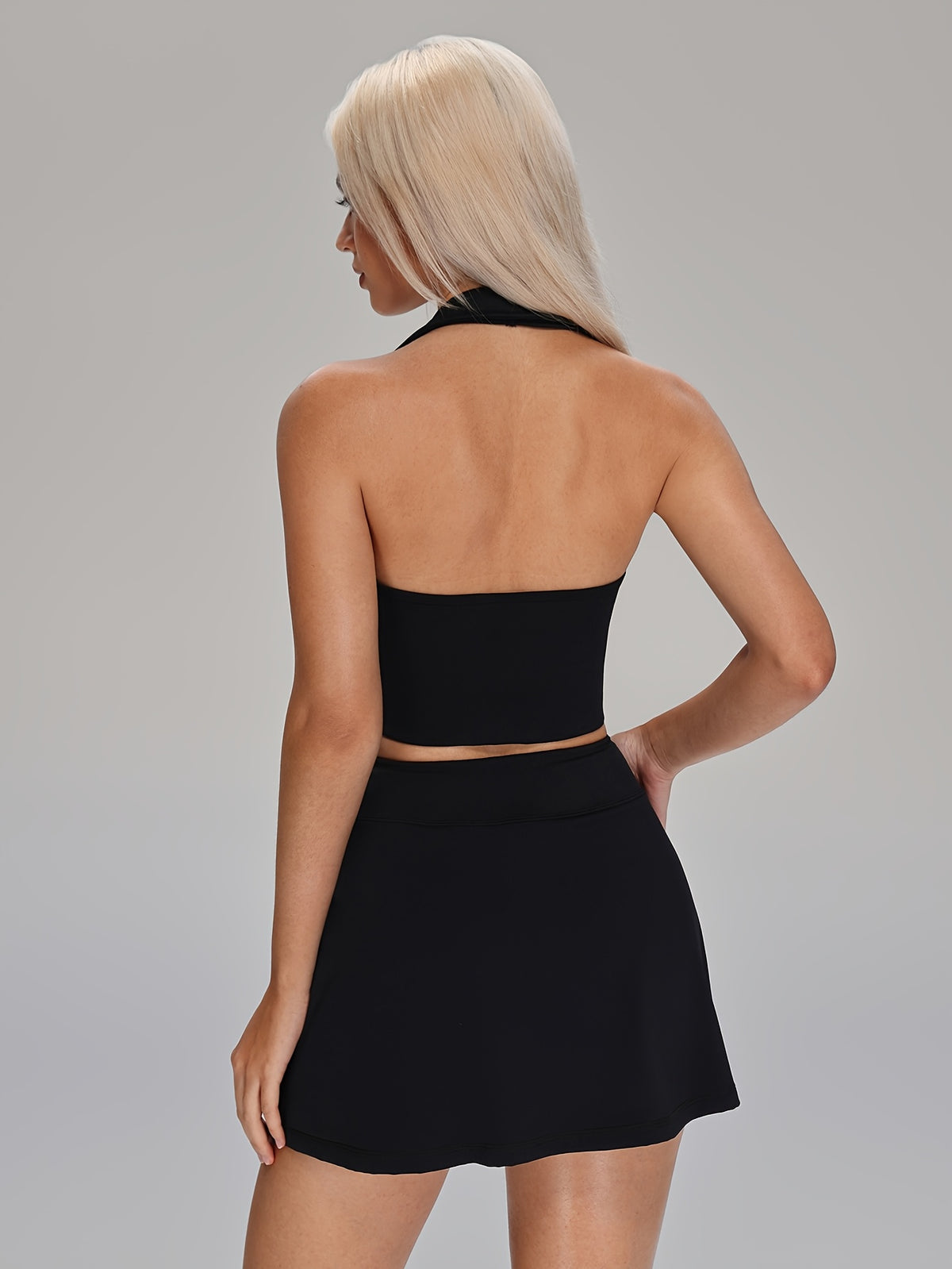 Halter Open Back Top & Skirt Set - Black