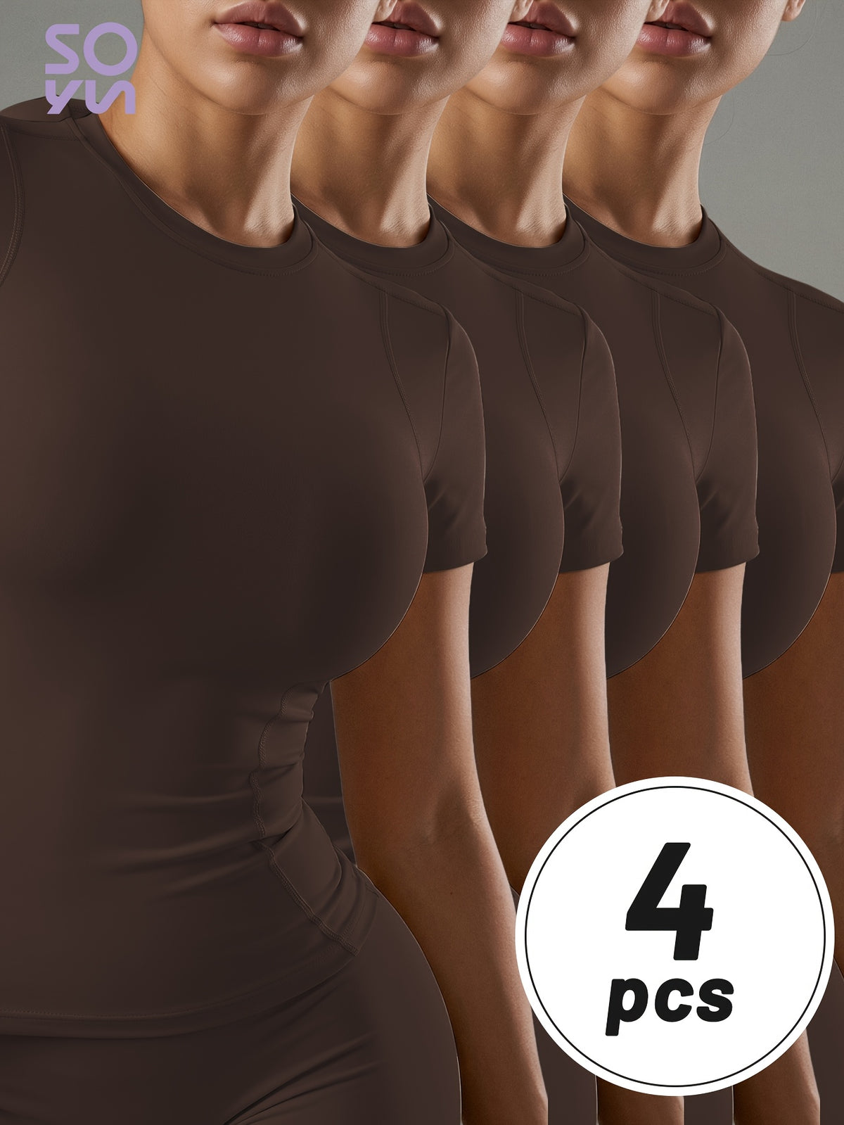4 Pack Round Neck Slim Fit Tees - Brown
