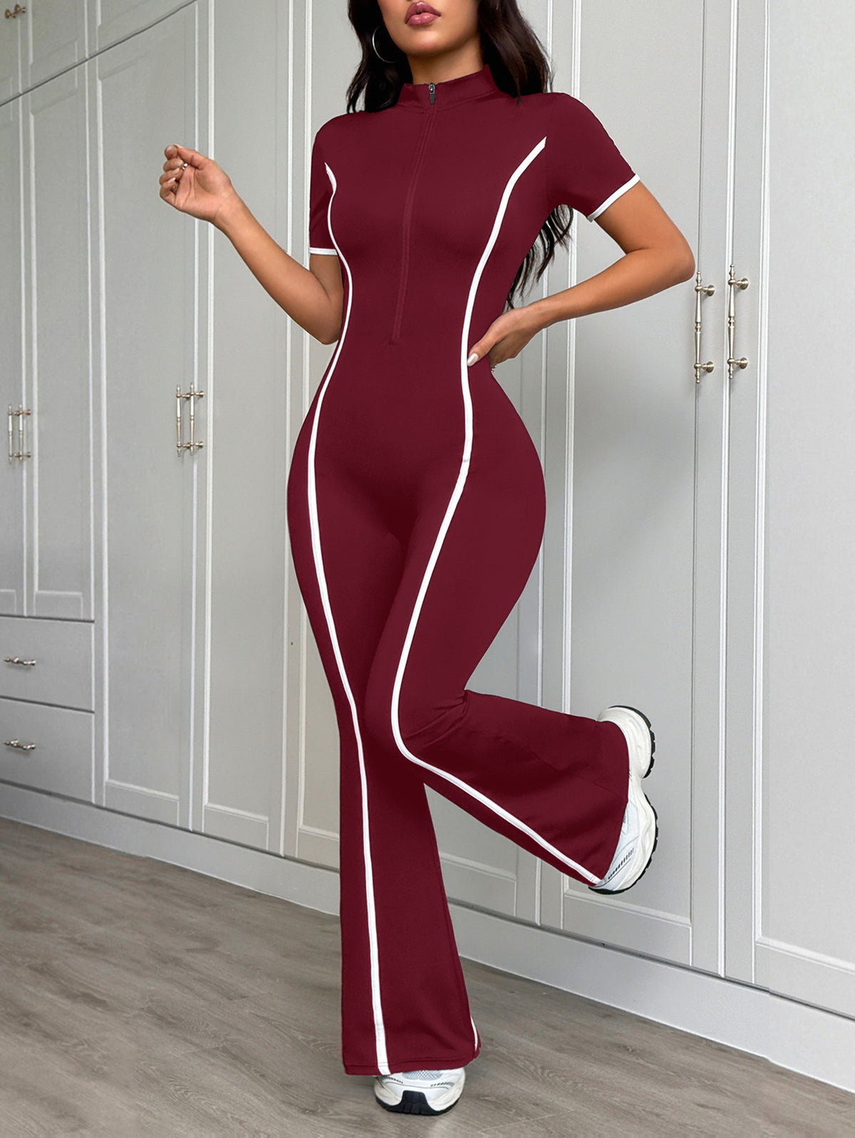 Zip Front Flare Jumpsuit - Burgundy