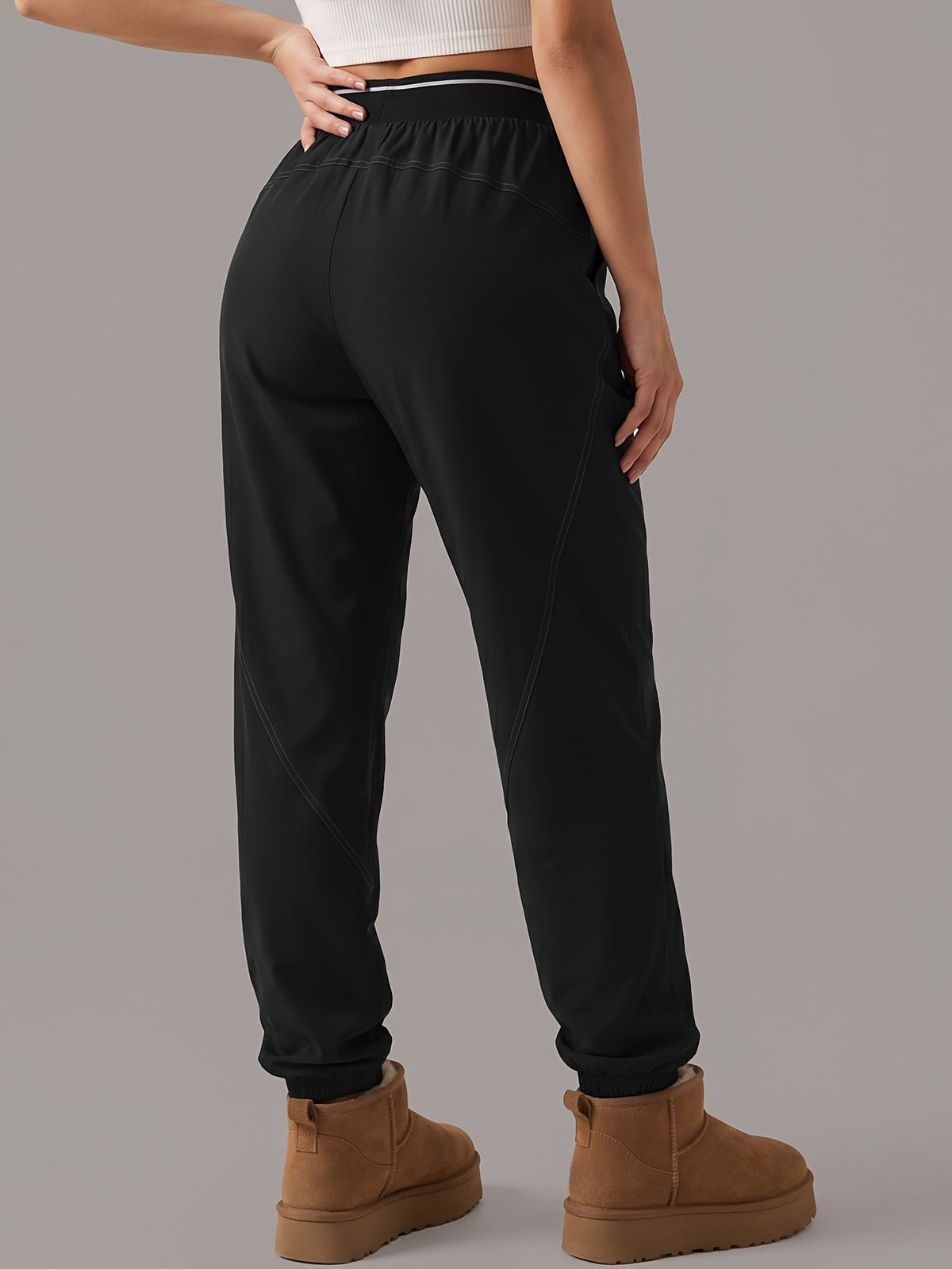 Thick Cuffed High Waist Pocket Joggers - Black