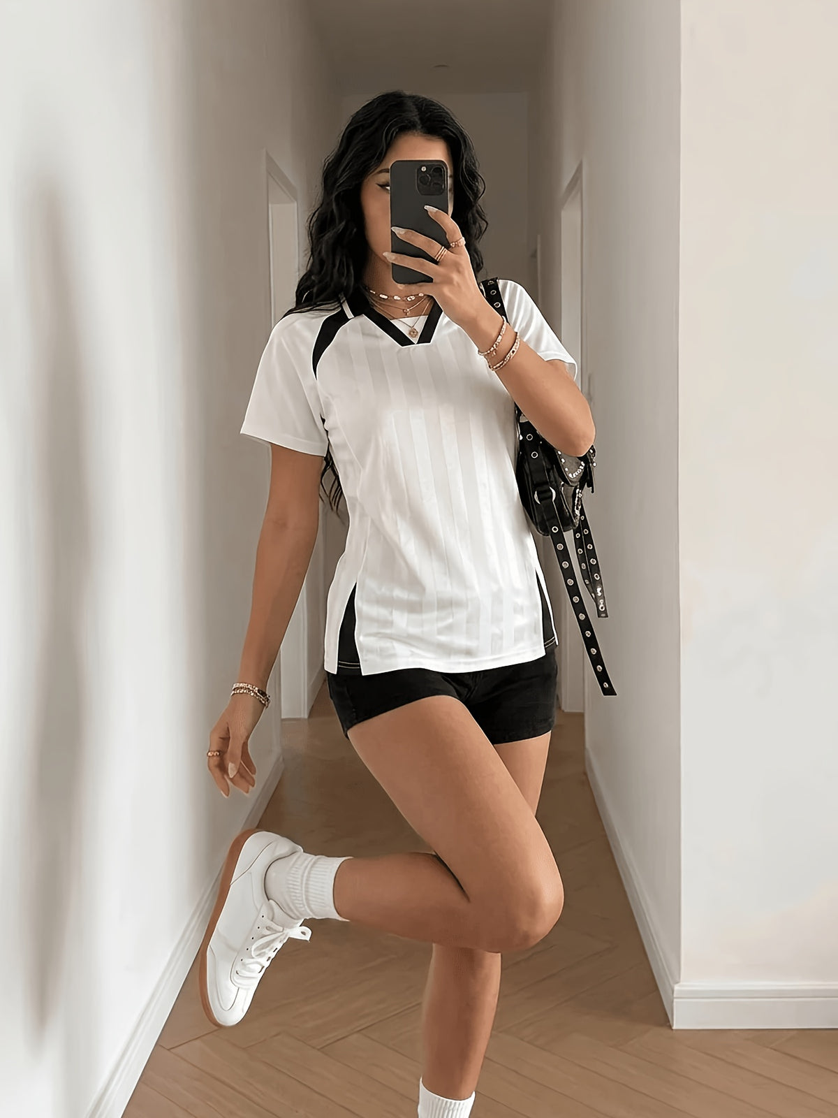 Contrast V Neck Sports Tee - White & Black