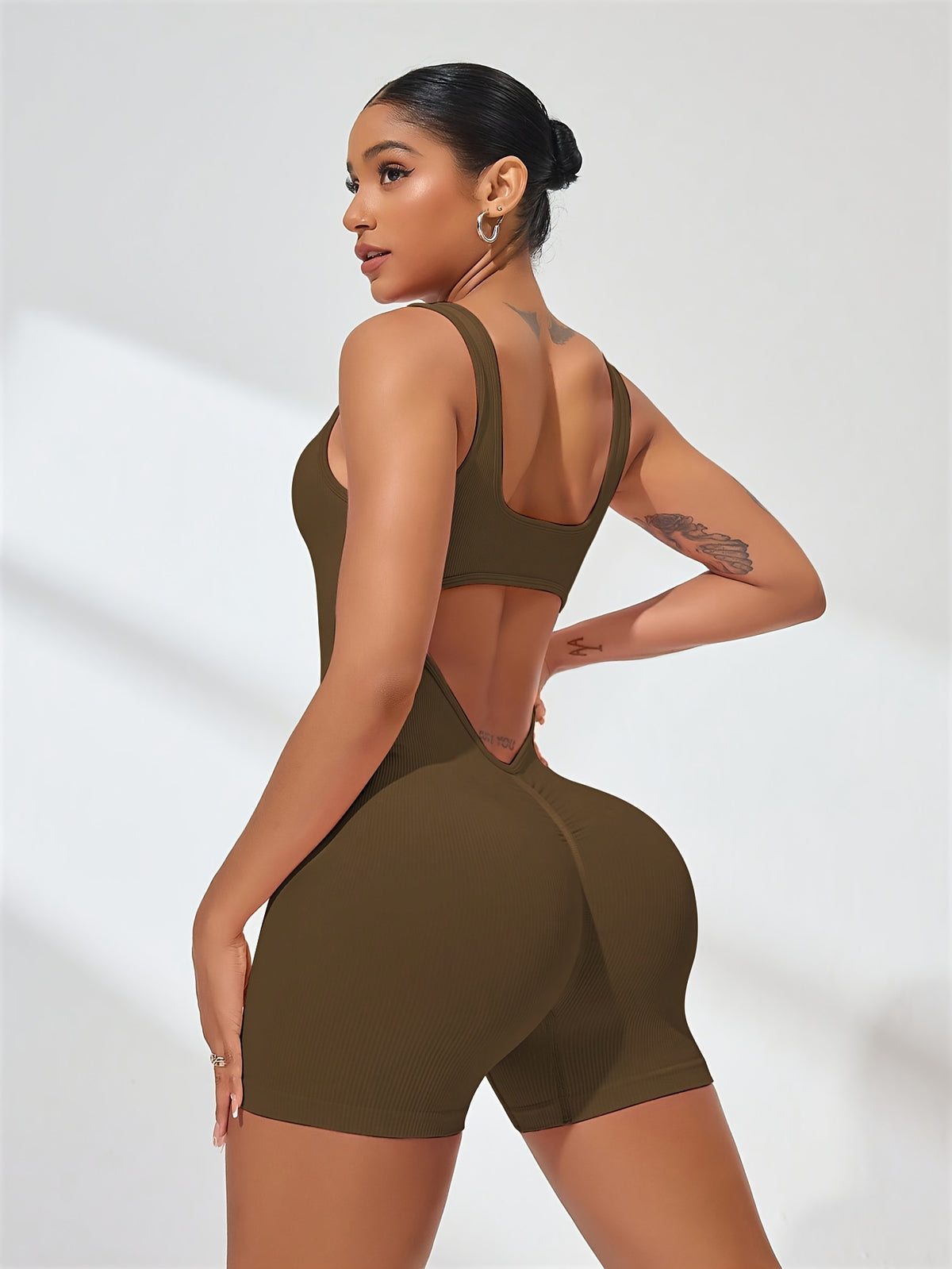 Ribbed Scoop Back Shorts Bodysuit - Coffee